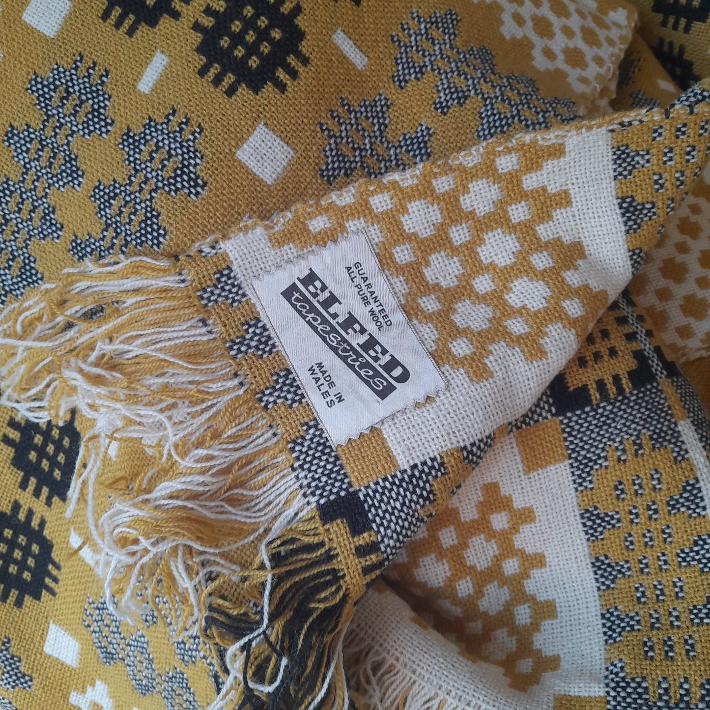 Welsh Blanket in Mustard Black & Cream Vintage King Size