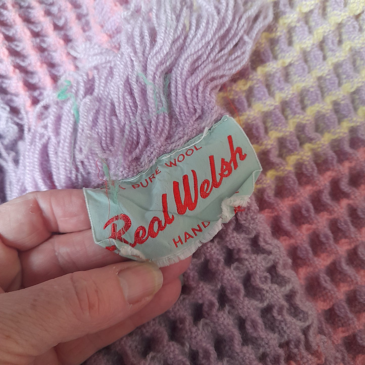 Vintage Welsh Wool Waffle Honeycomb Blanket in Rainbow Pastels Pink Lilac & Lemon Check
