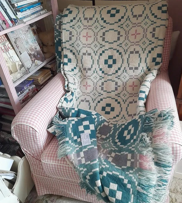 Vintage Welsh Tapestry Blanket in Shabby Chic Teal & Pink on Cream by Trefriw Woollen Mill