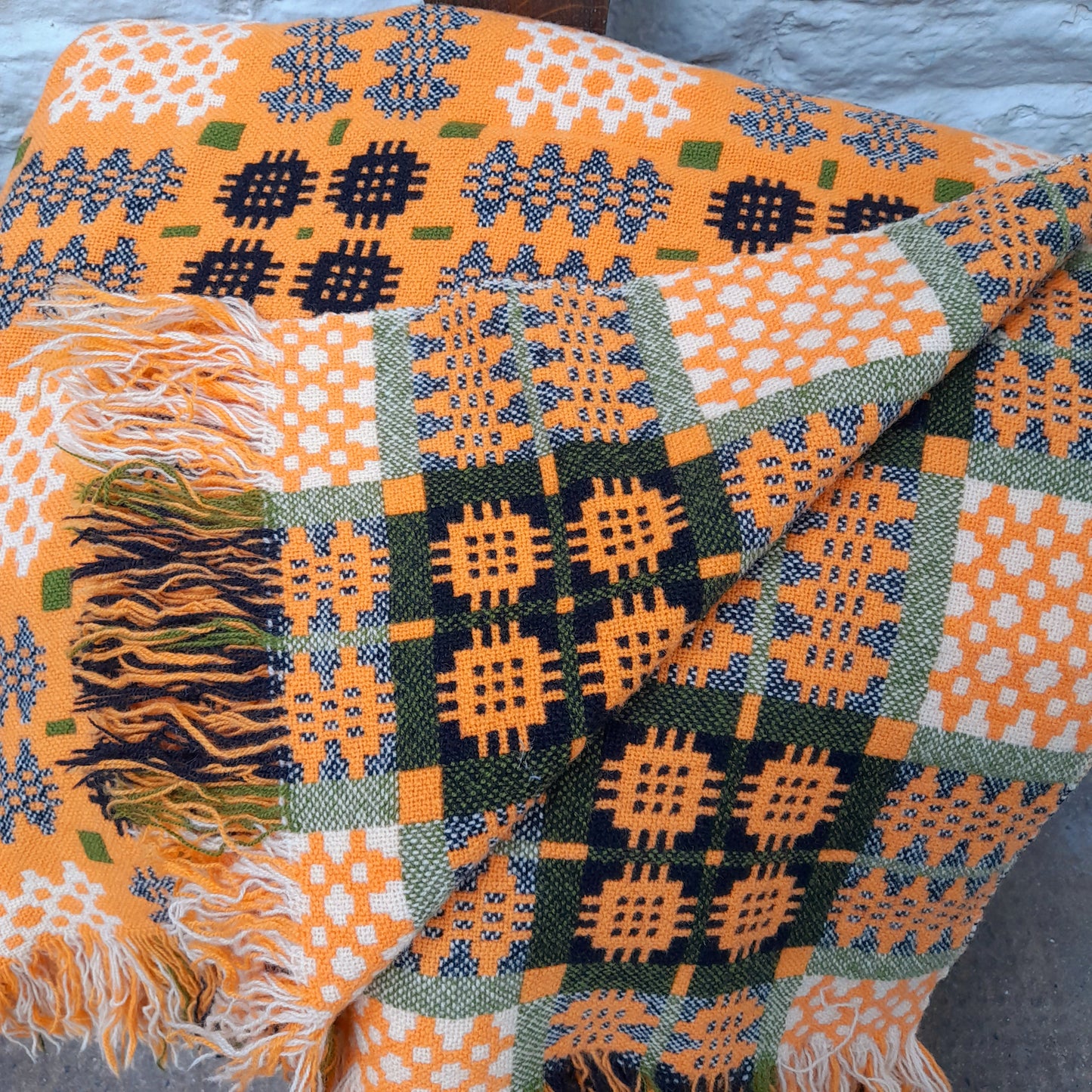 Vintage Welsh Tapestry Blanket in Tangerine Orange Olive Green Black & White
