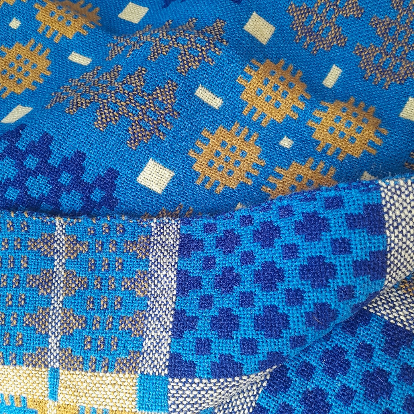 Vintage Welsh Tapestry Blanket in Bright Blue Mustard Navy & White King Size