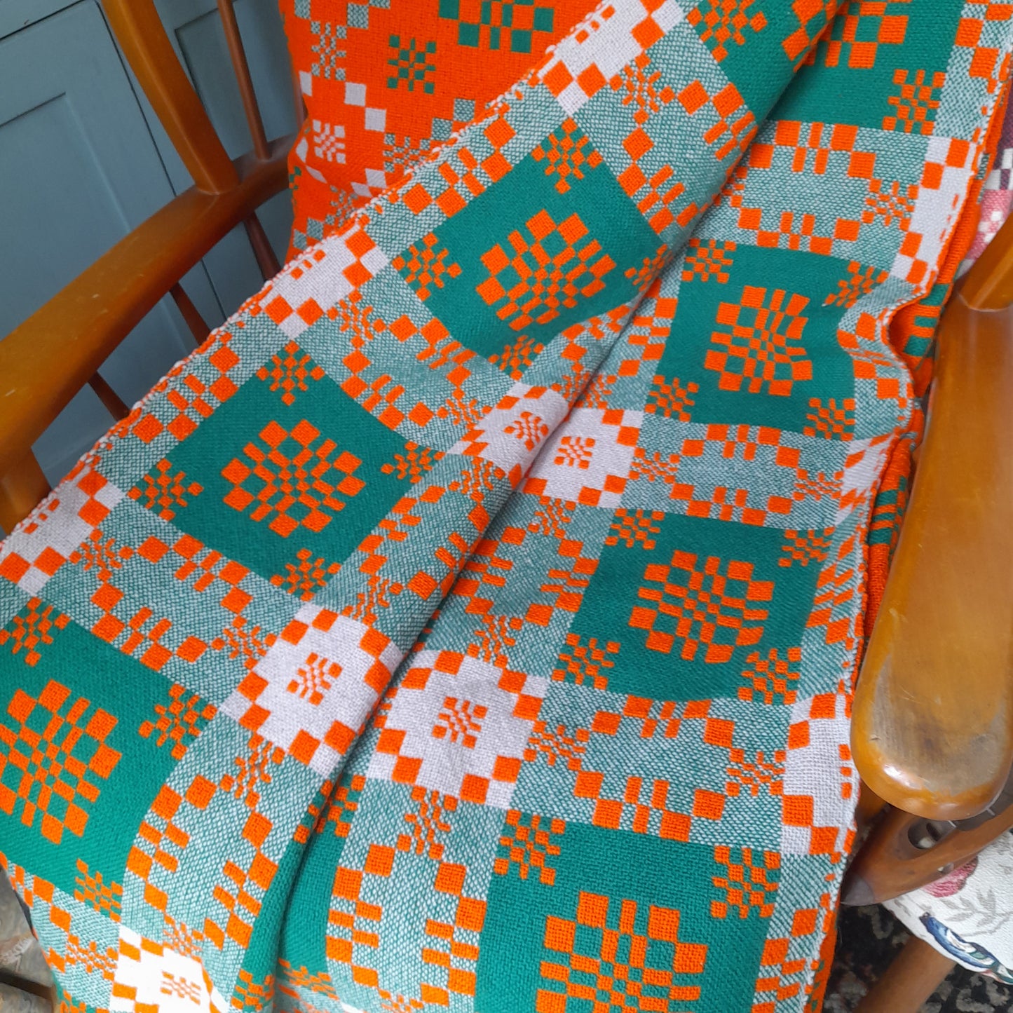 Vintage Welsh Tapestry Blanket in Bright Orange Green & Off White by Meirion Mill