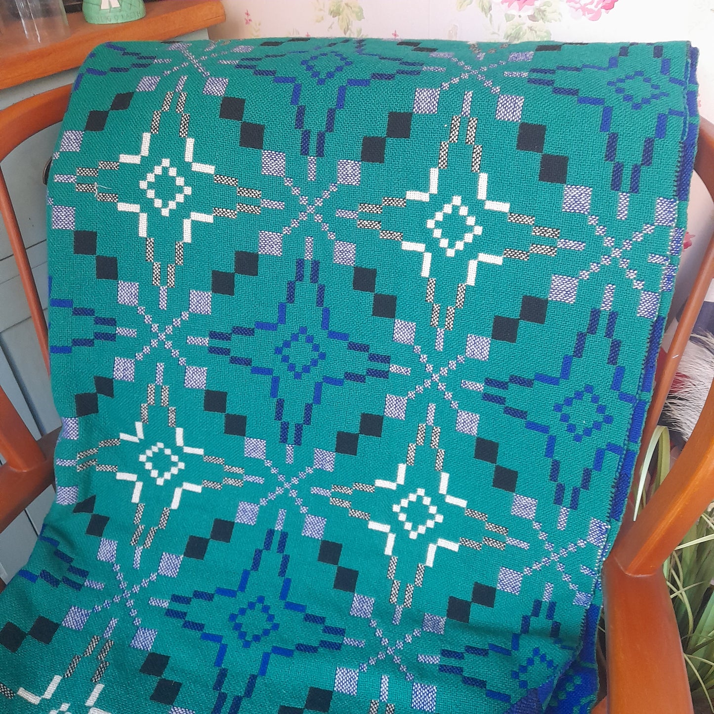 Vintage Welsh Tapestry Blanket in Bright Jade Green Navy Blue Black & White by Melin Tregwynt