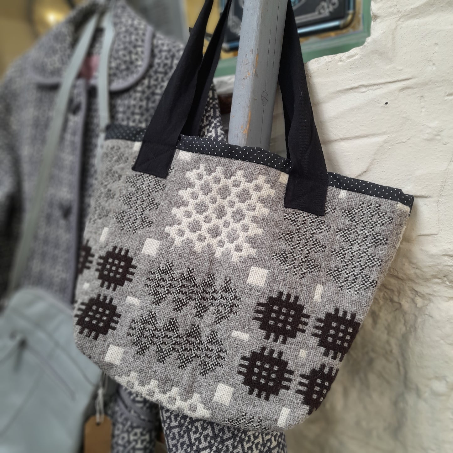 Handmade Welsh Tapestry Blanket Shoulder Bag/Shopper in Grey, Black & White by Welsh Tweed