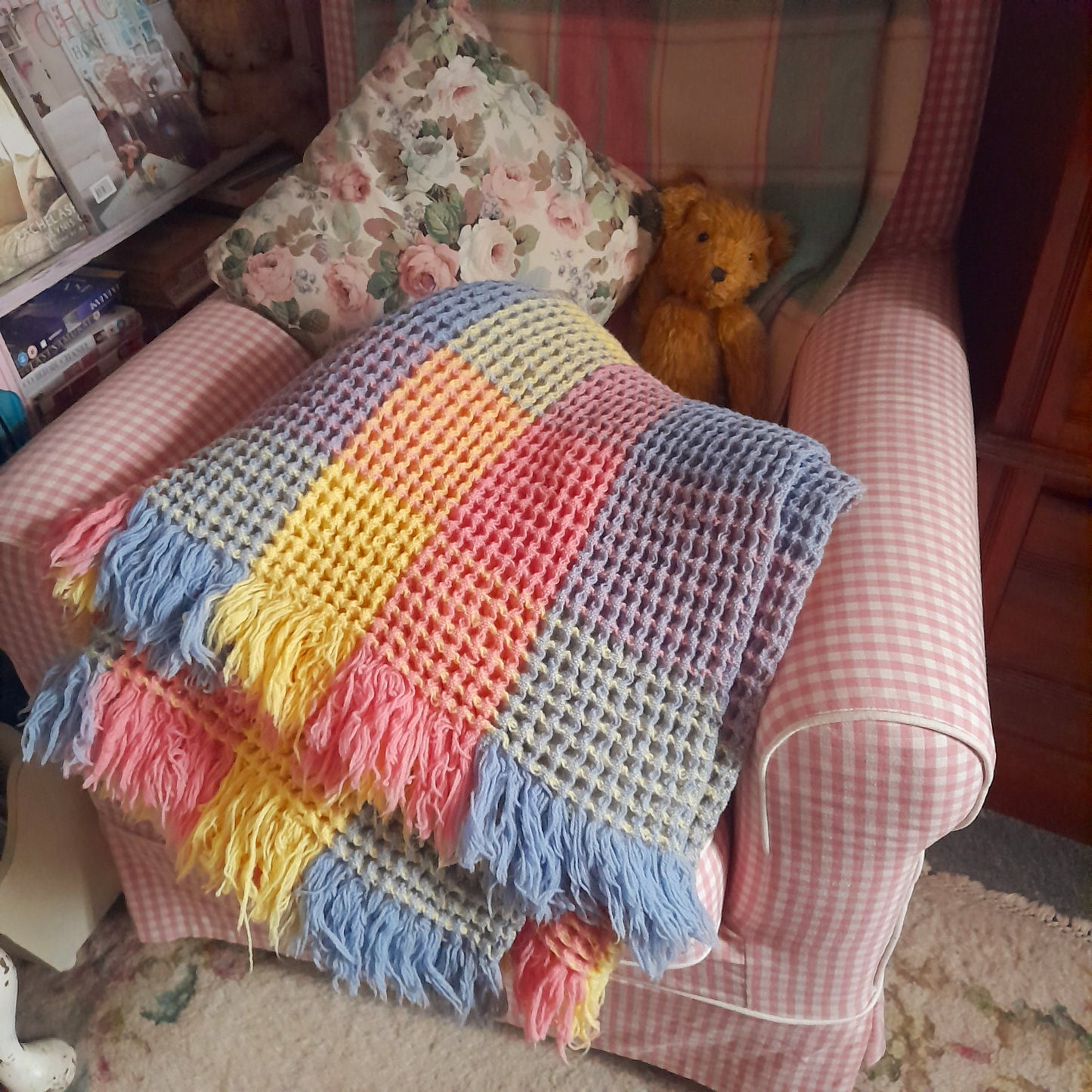 Vintage Welsh Wool Waffle Honeycomb Blanket in Rainbow Pastels Pink Blue & Lemon Check