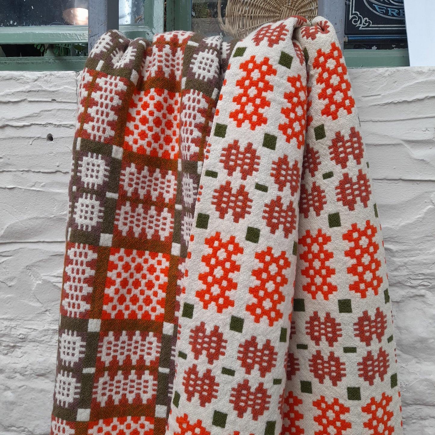 Vintage Welsh Tapestry Blanket in Cream Orange & Olive Green by Derw Mill