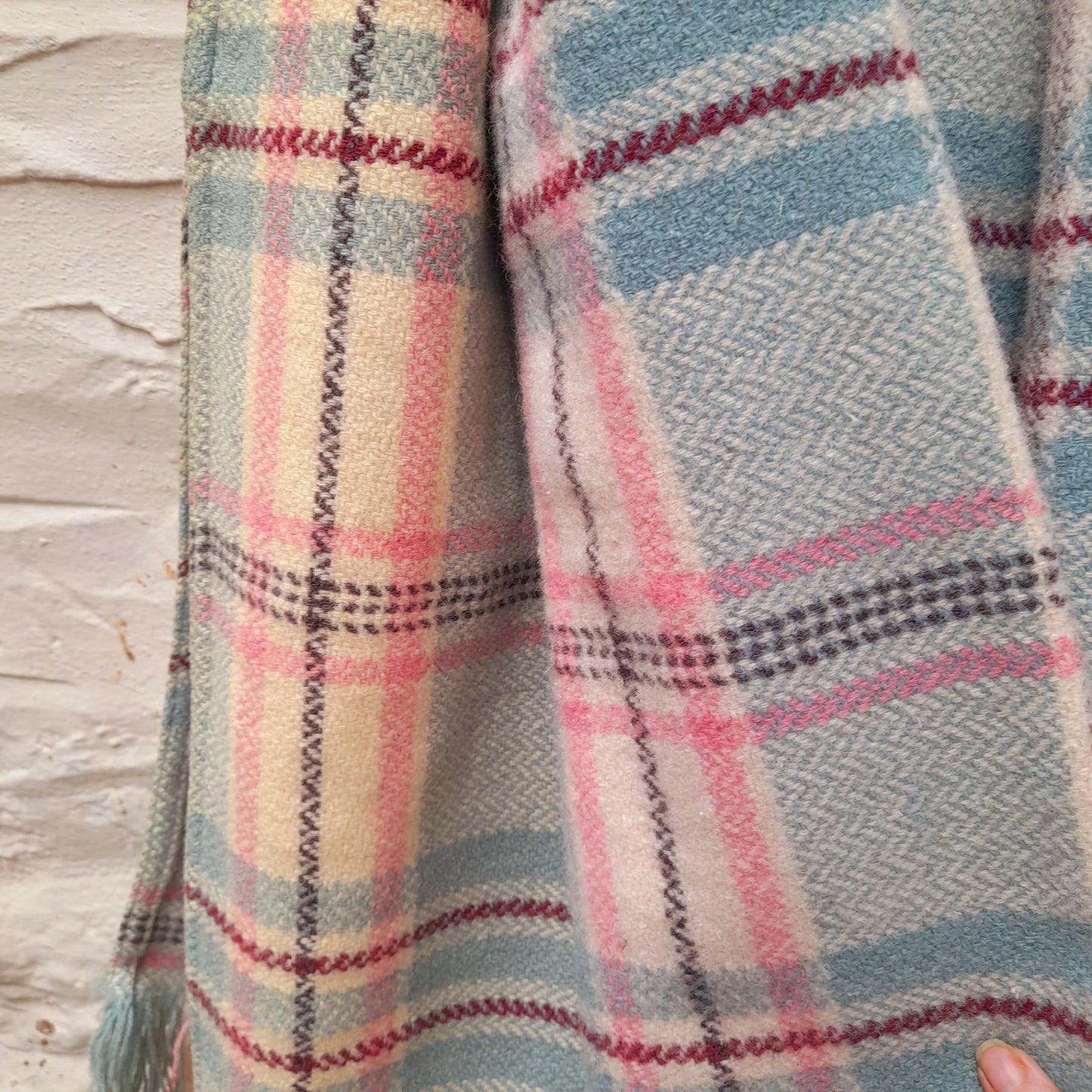 Vintage Welsh Wool Blanket/Carthen in Pale Blue, Cream, Burgundy & Pink Check