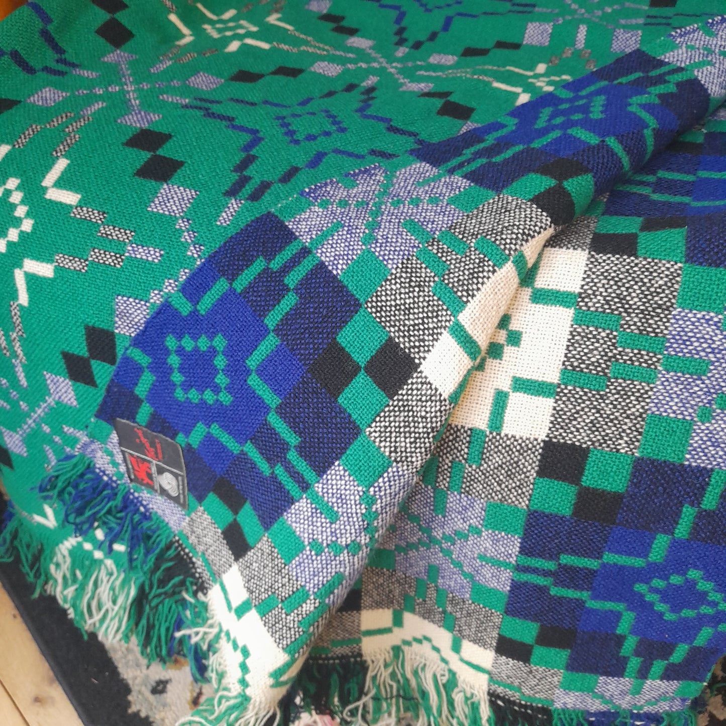 Vintage Welsh Tapestry Blanket in Bright Jade Green Navy Blue Black & White by Melin Tregwynt