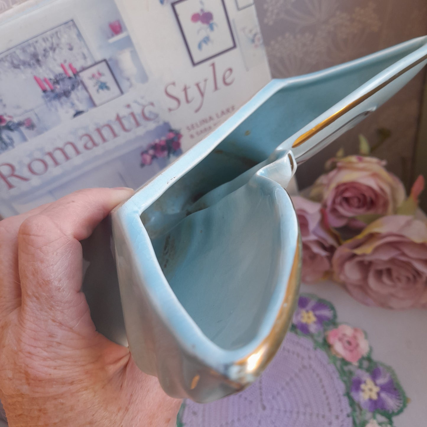 Art Deco Butterfly Wall Pocket Vase 22 kt Duck Egg Blue & Gold