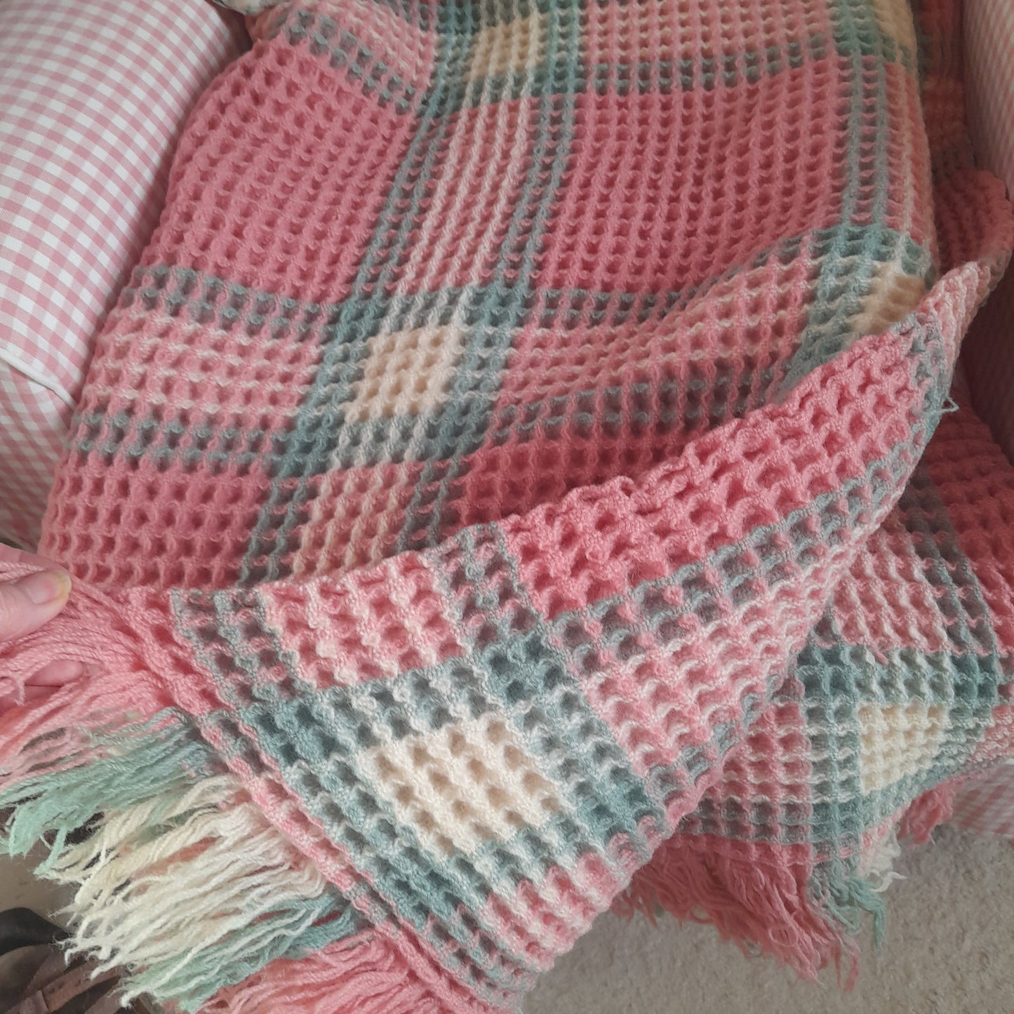 Vintage Welsh Wool Waffle Honeycomb Blanket in Pastel Pink Green & Cream Check
