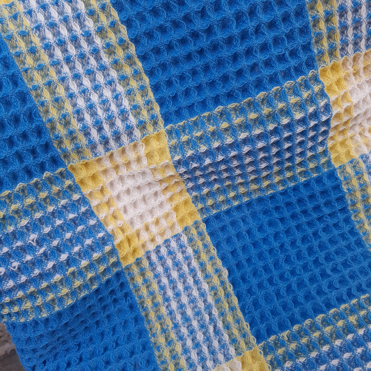 Vintage Welsh Wool Honeycomb/Waffle Blanket in Bright Blue, Yellow & White Check by Derw Mill King Size