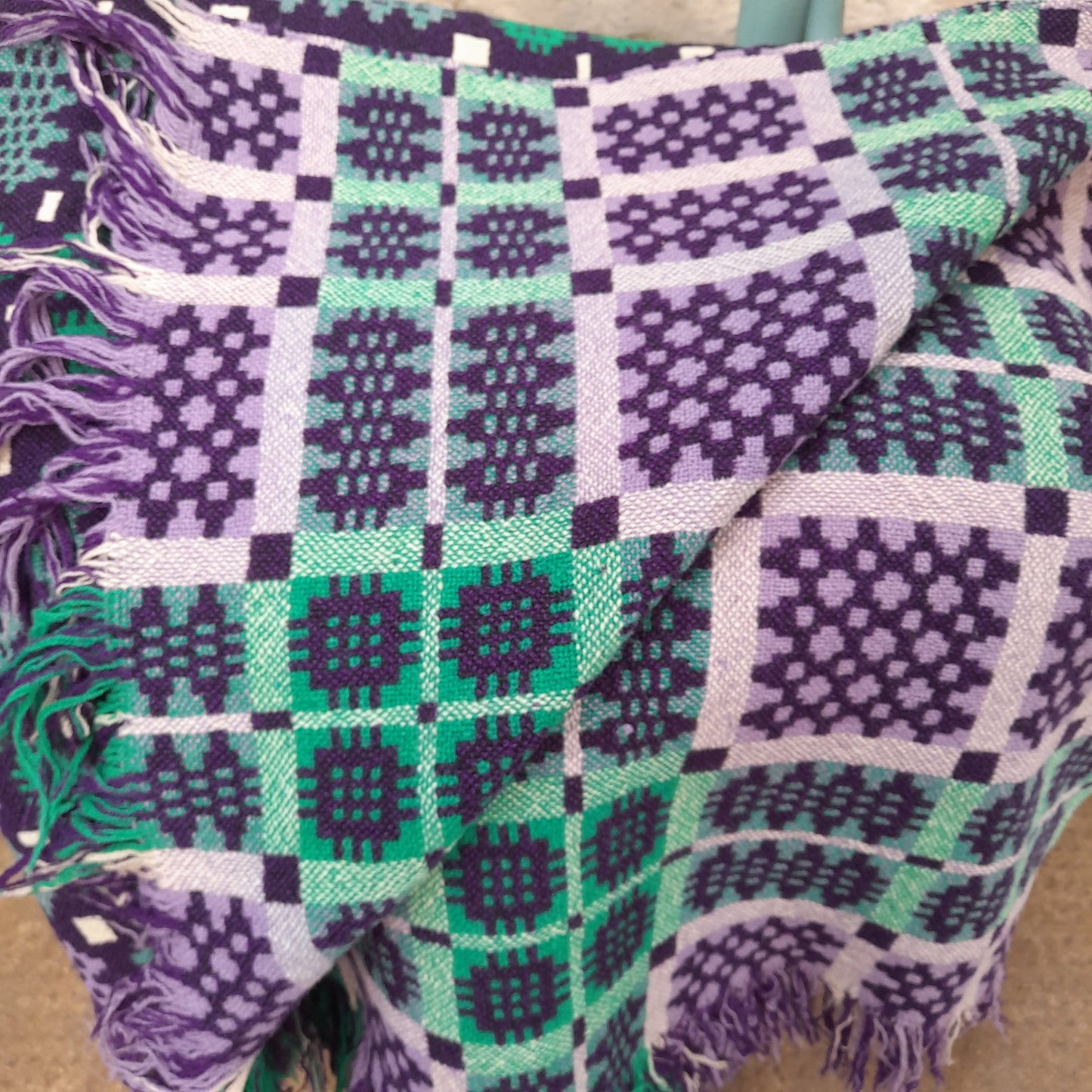 Vintage Welsh Tapestry Blanket in Purple Lilac & Teal Green King Size