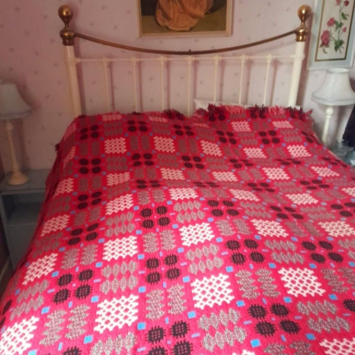 Vintage Welsh Tapestry Blanket in Bright Pink Black White & a Pop of Blue