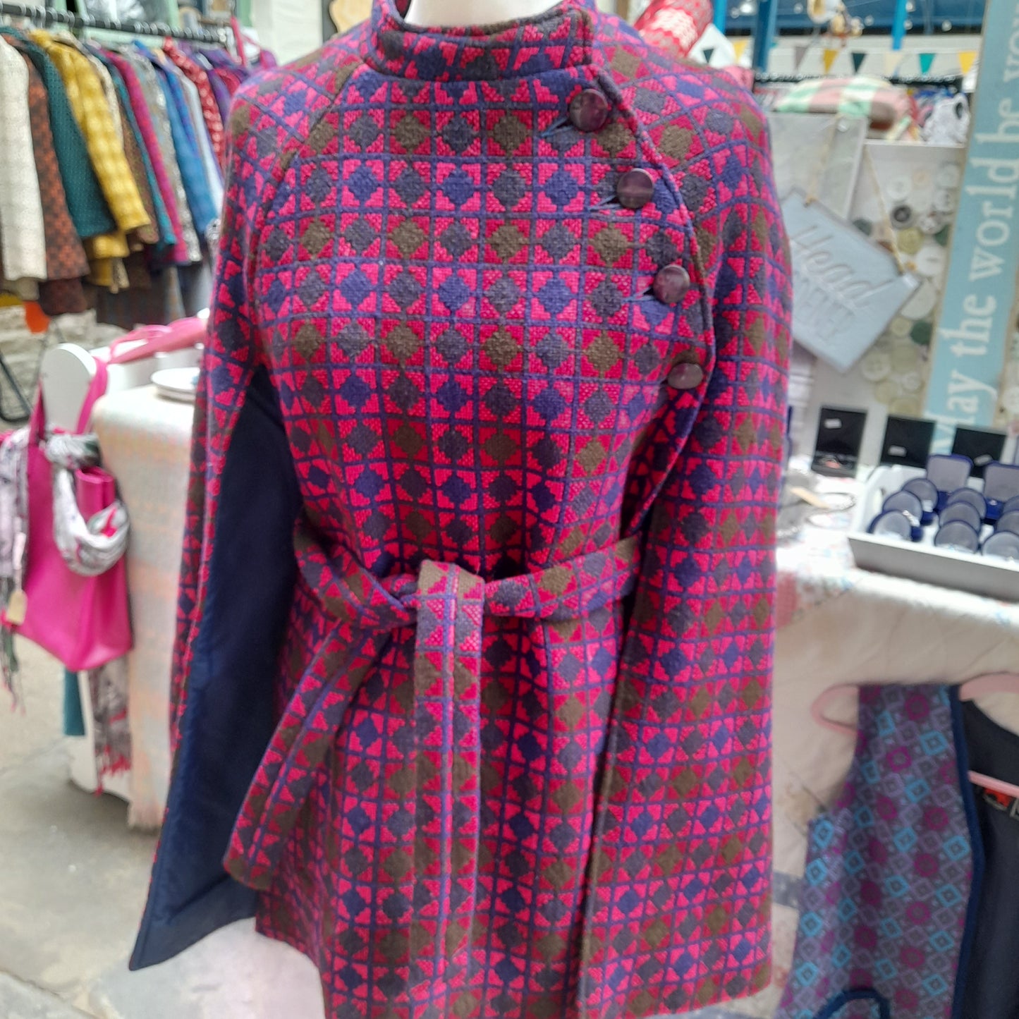Vintage Welsh Wool Tapestry Belted Cape in Pink Navy Blue & Olive Green