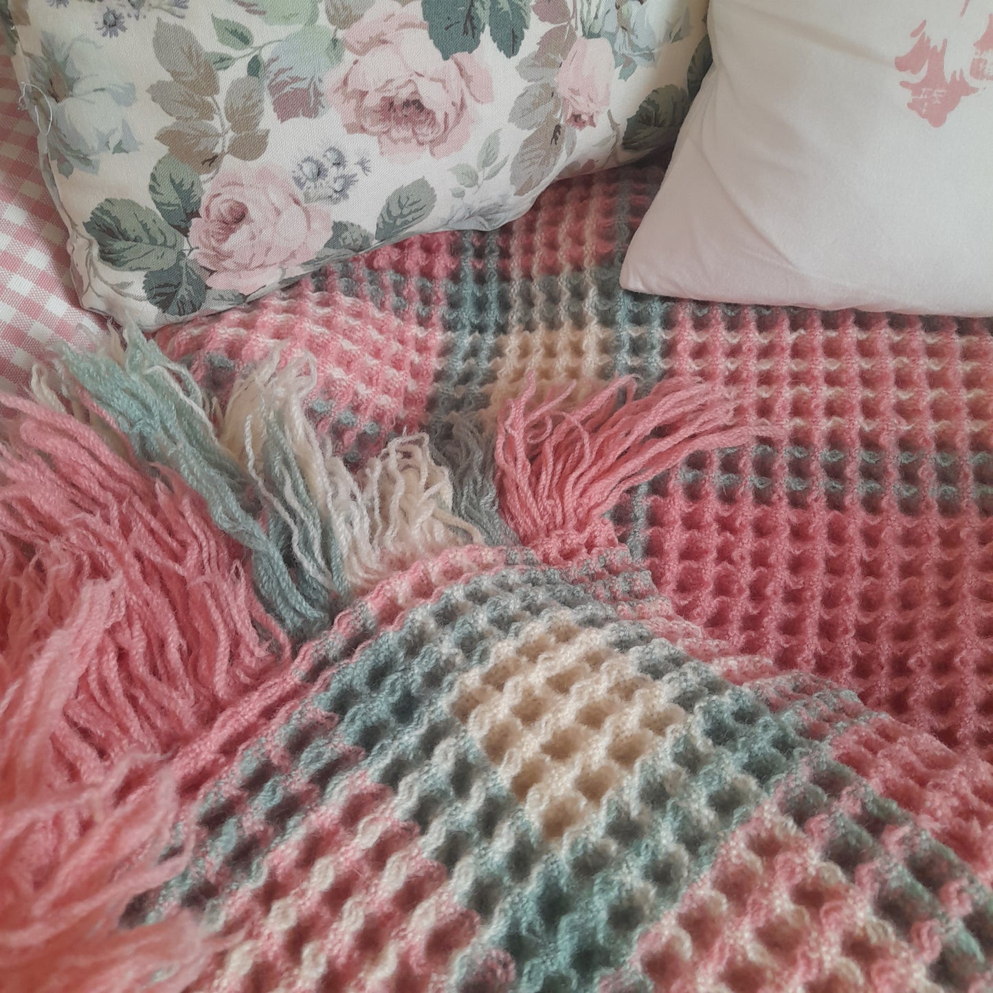 Vintage Welsh Wool Waffle Honeycomb Blanket in Pastel Pink Green & Cream Check