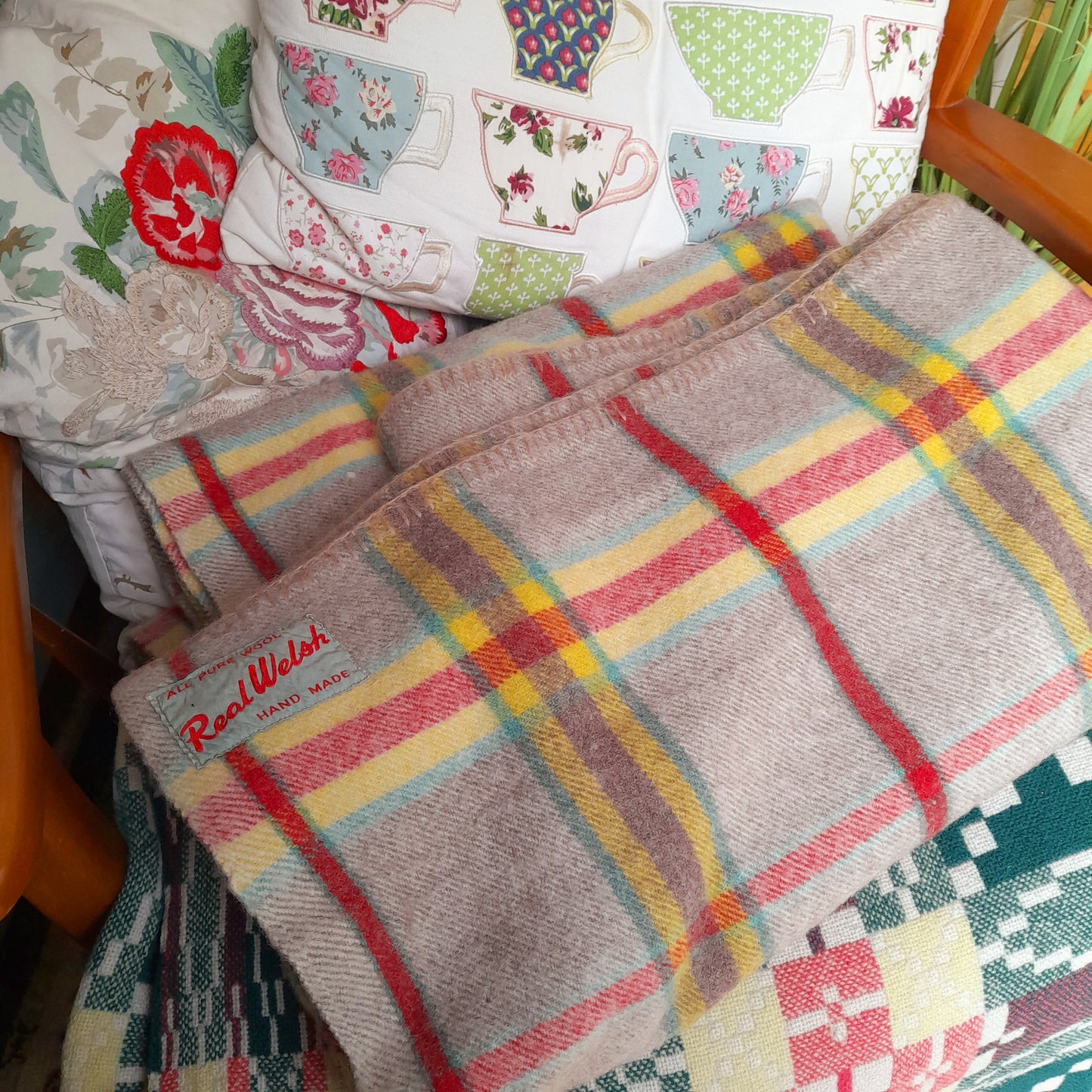 Vintage 1950s REAL WELSH Blanket in Taupe With Red, Yellow & Green Checks