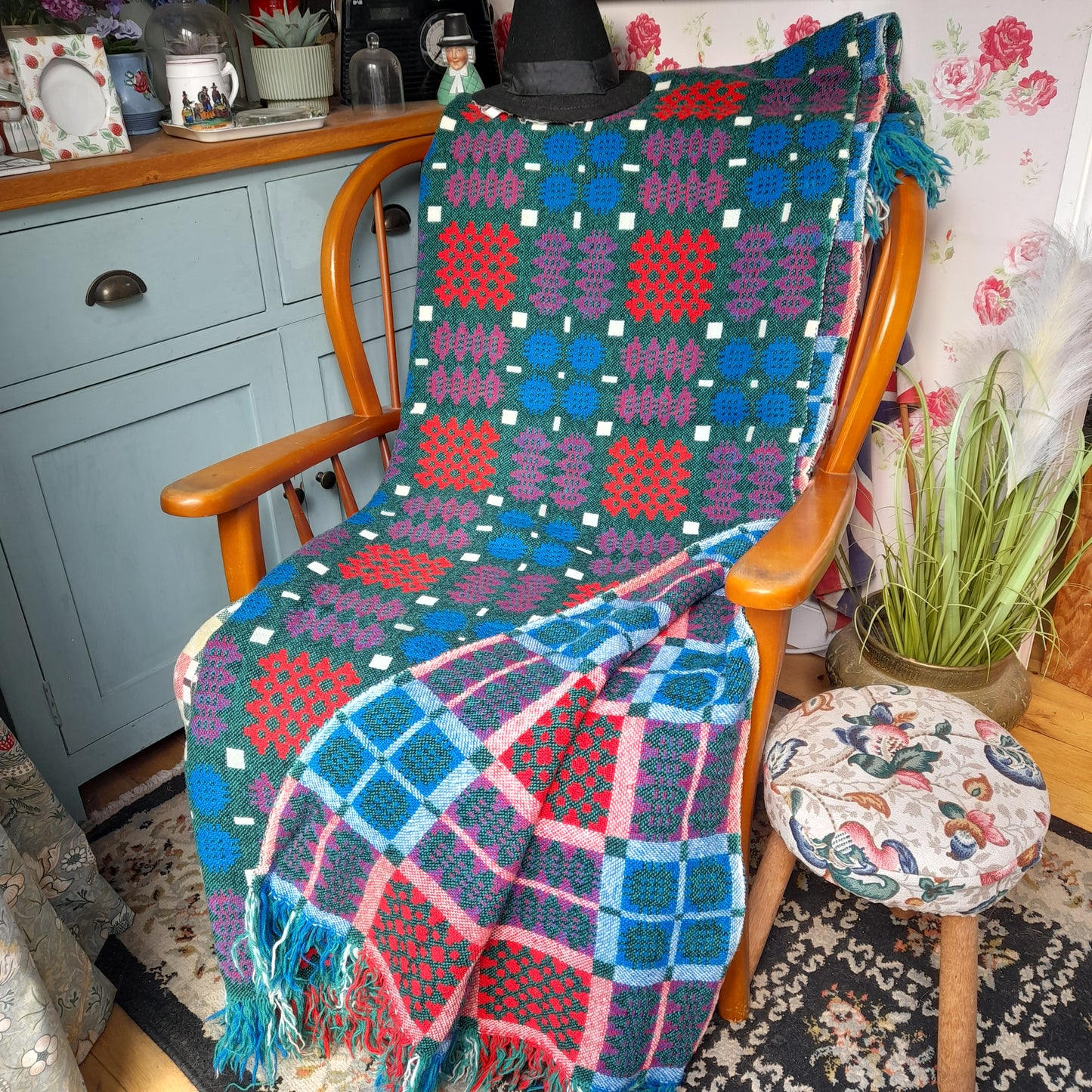 Vintage Welsh Tapestry Blanket in Teal Green, Cobalt Blue, Scarlet Red & White