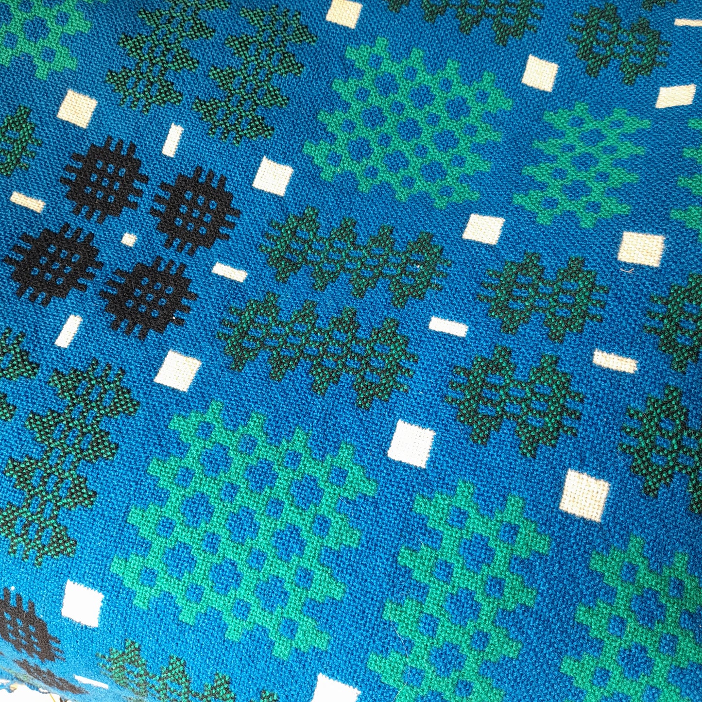 Vintage Welsh Tapestry Blanket in Cobalt Blue Green White & Black