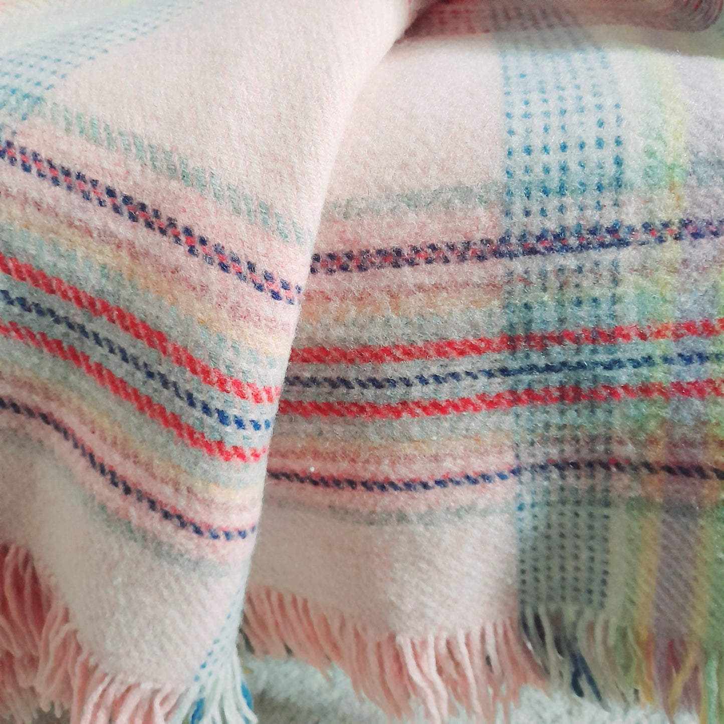 Vintage Welsh Blanket in Pretty Pastel Plaid Checks in Pink Lilac Blue & Pop of Red