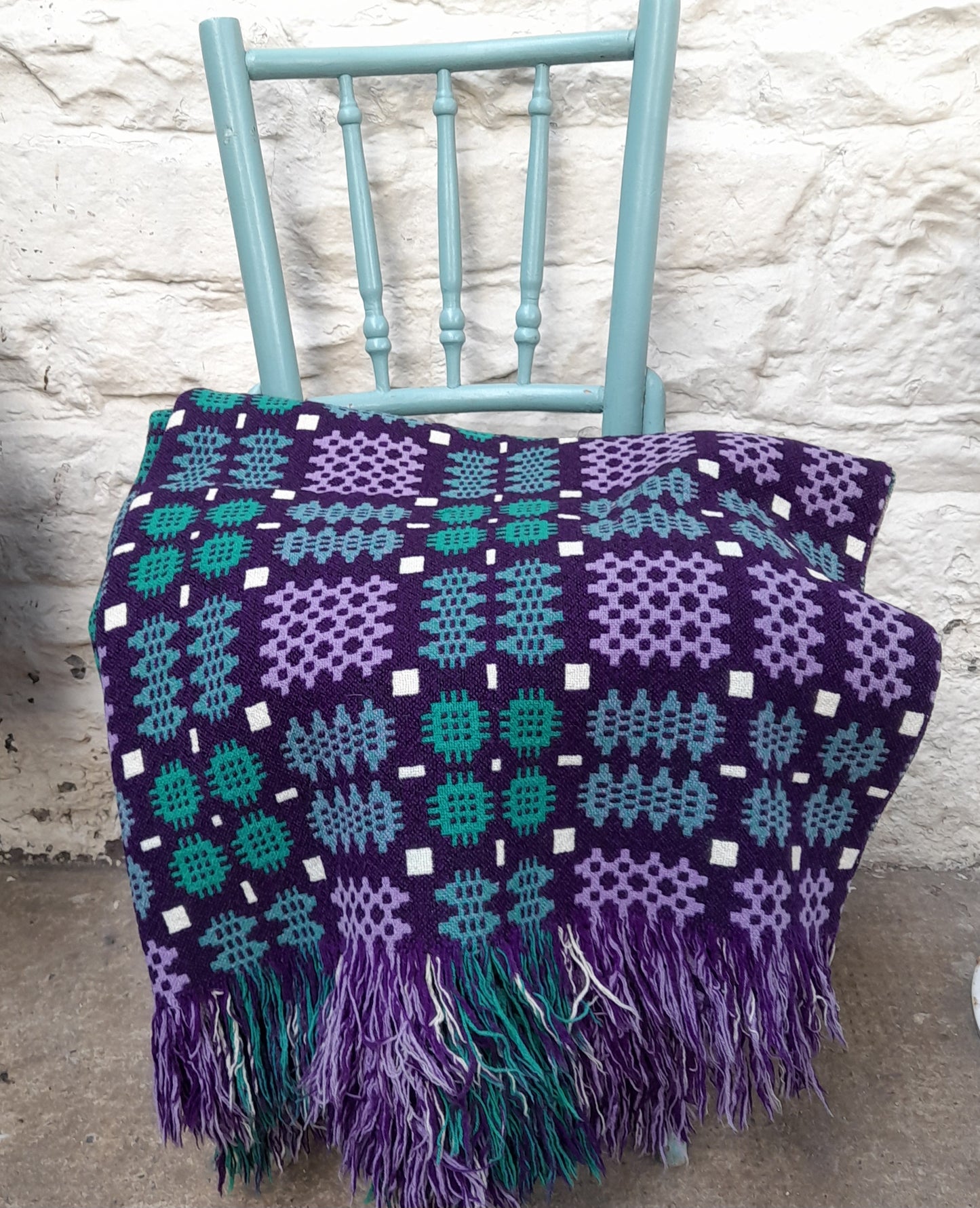 Vintage Welsh Tapestry Blanket in Purple Lilac & Teal Green King Size