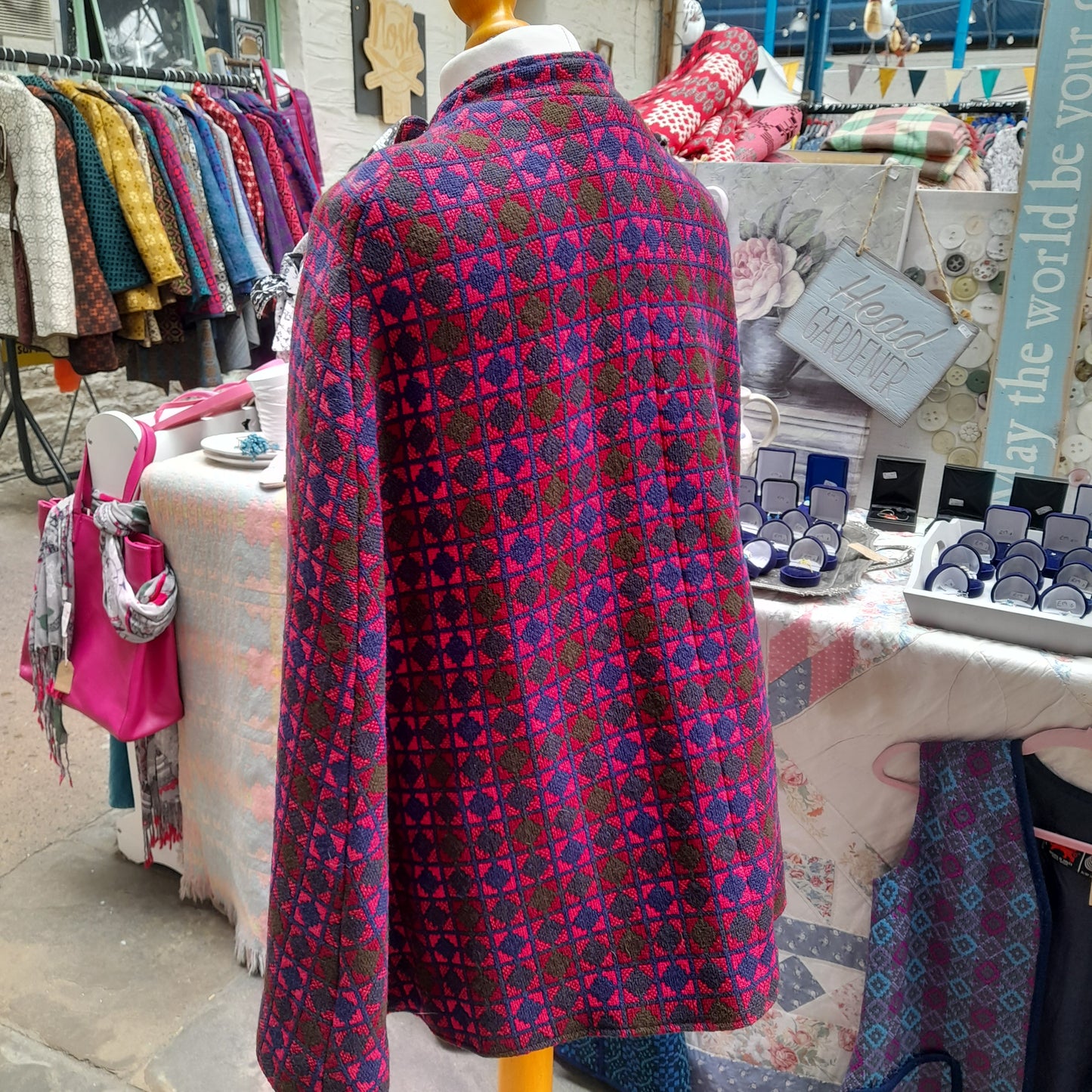 Vintage Welsh Wool Tapestry Belted Cape in Pink Navy Blue & Olive Green