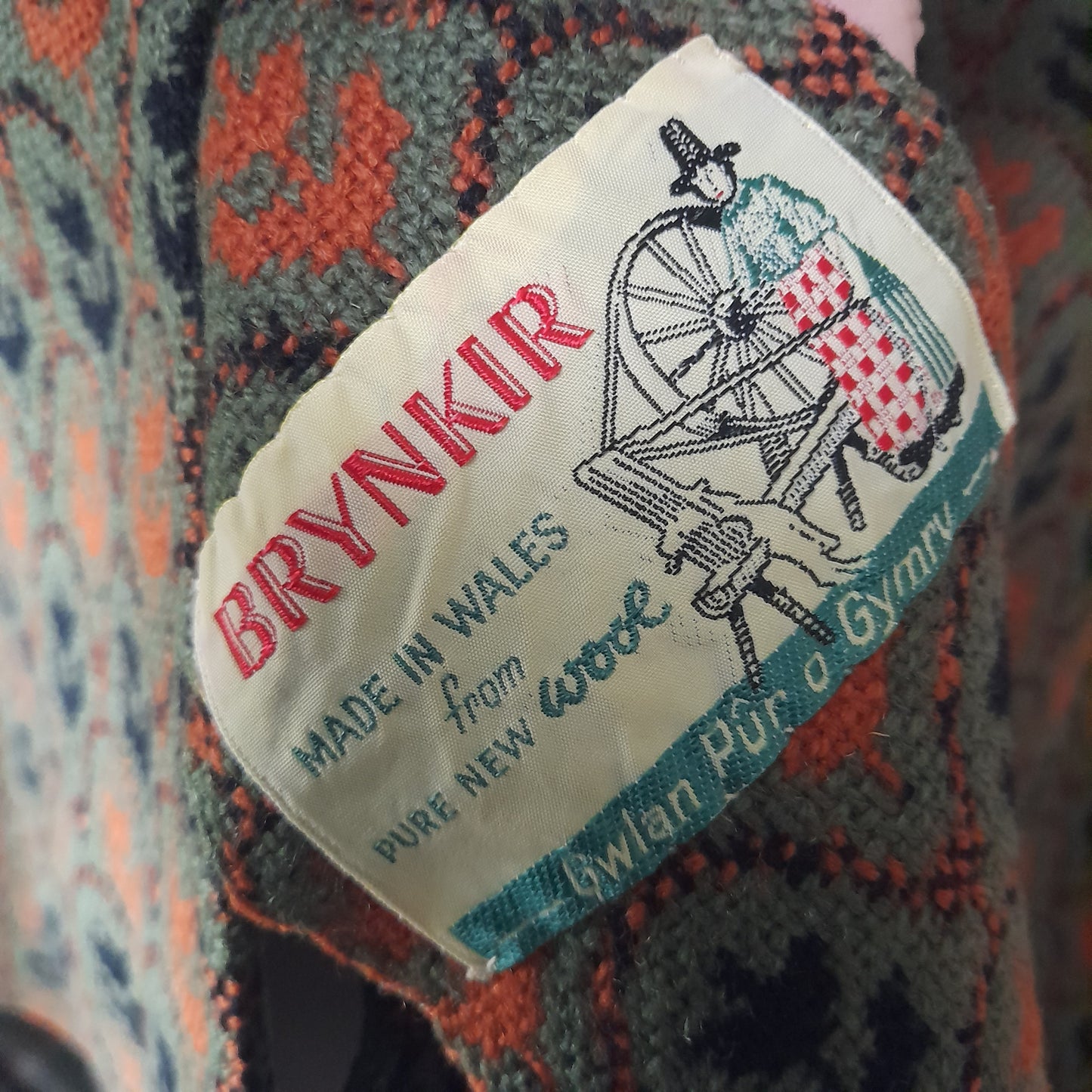 Vintage Welsh Tapestry Cape in Olive Green Black & Orange Tulip Design by Brynkir Mill