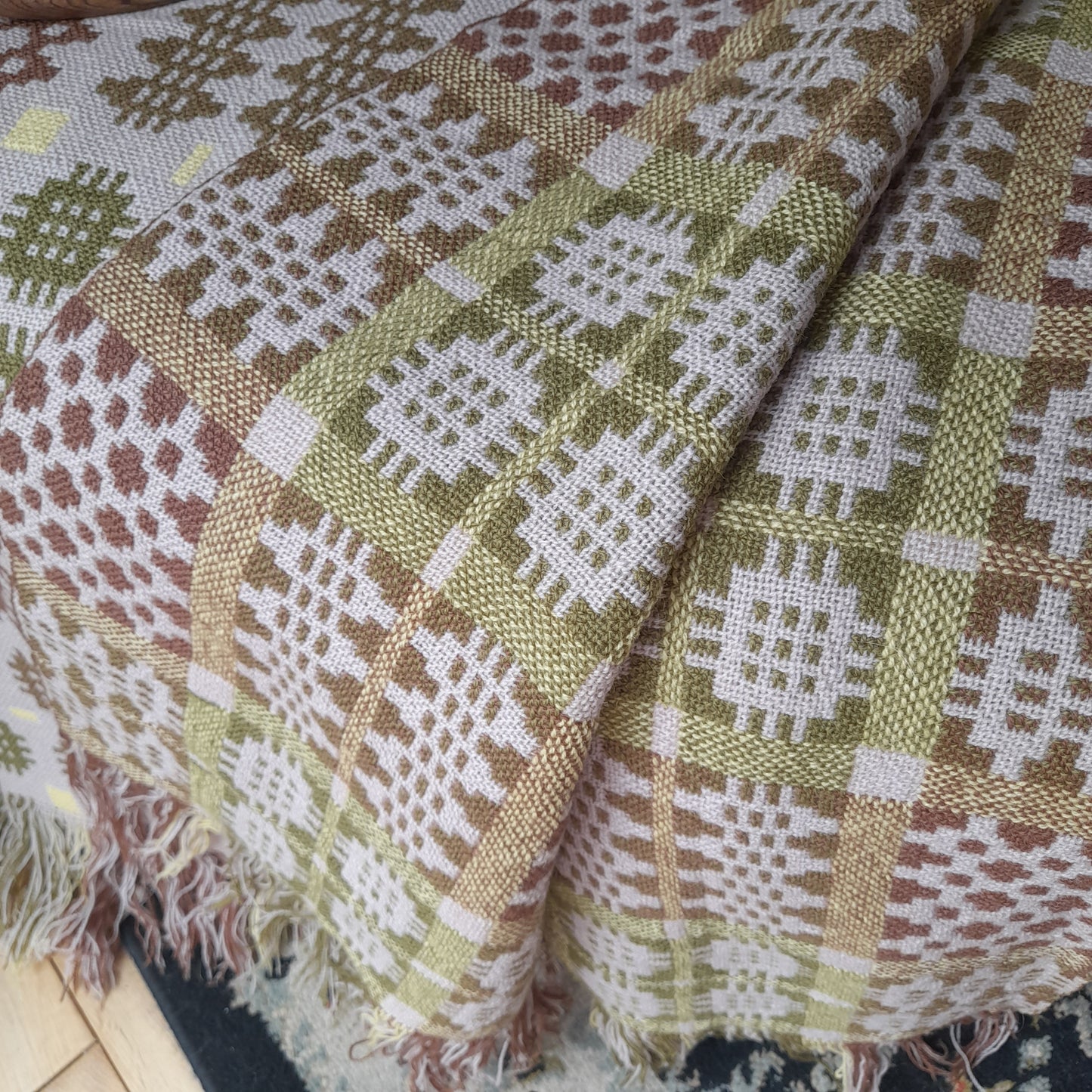 Vintage Welsh Tapestry Blanket in Taupe Green Cream With Pop of Yellow Super King Size