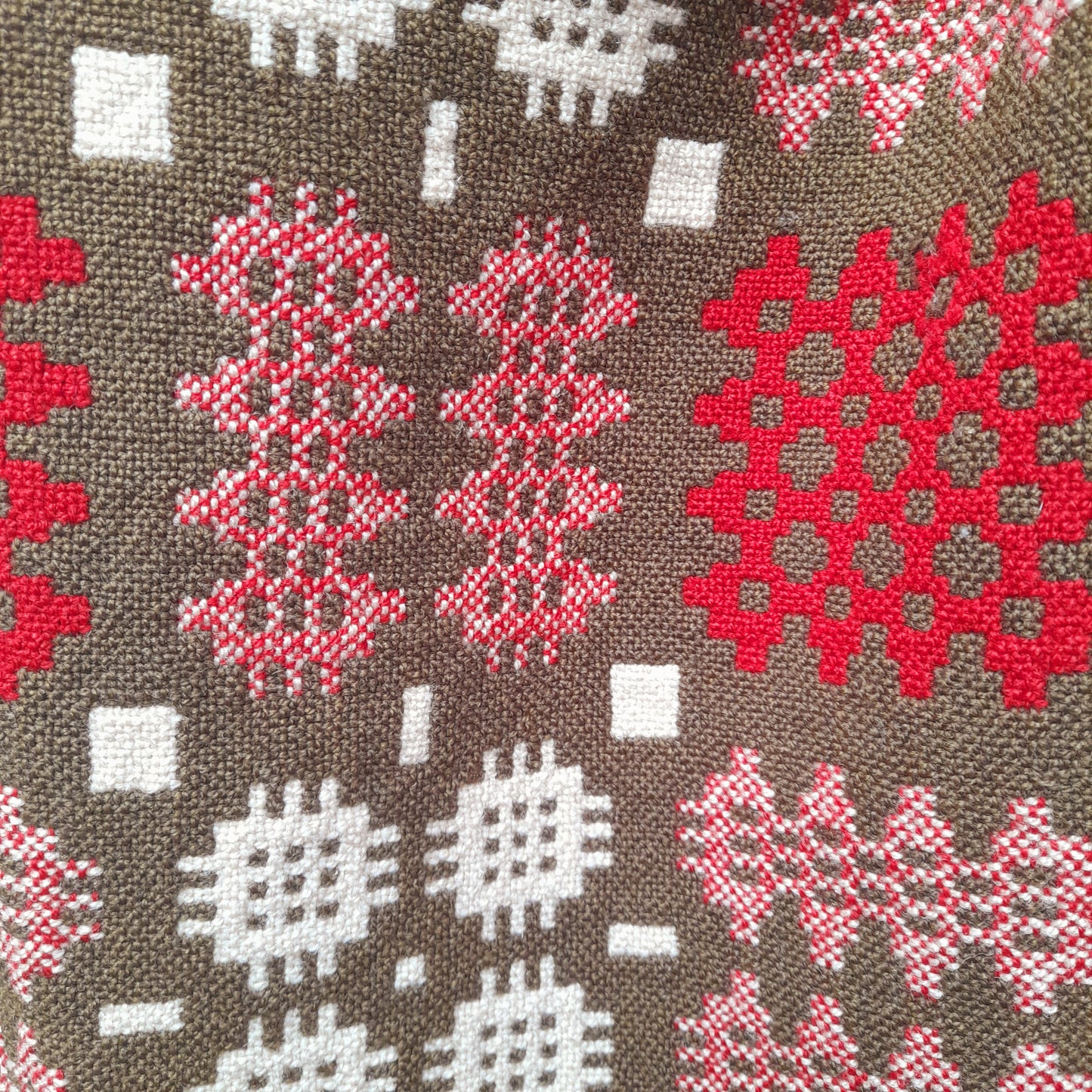 Antique Handmade Welsh Tapestry Blanket in Chocolate Brown Deep Red & Cream
