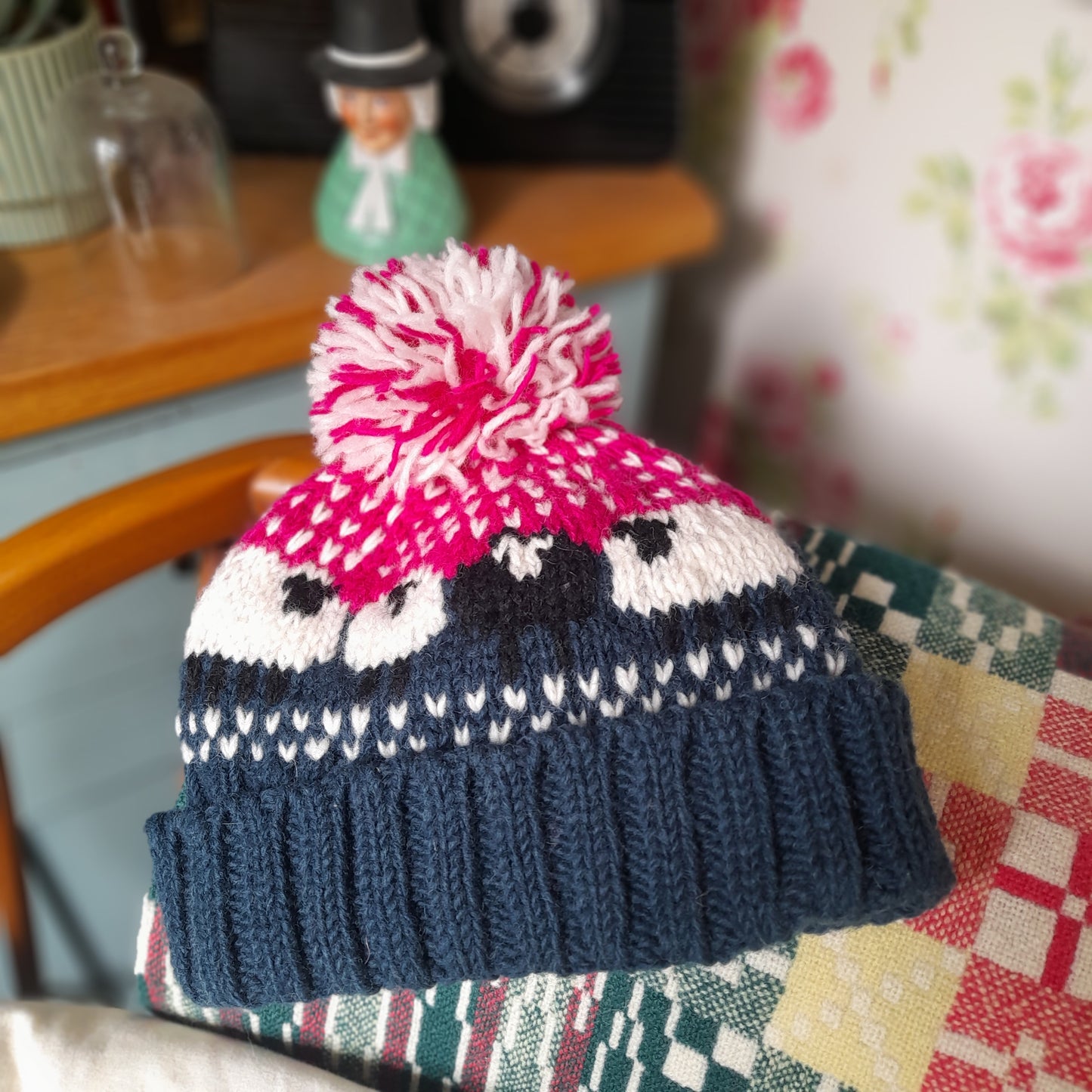 Hand Knit Woollen Sheep Bobble Hat in Pink Navy White & One Black Sheep