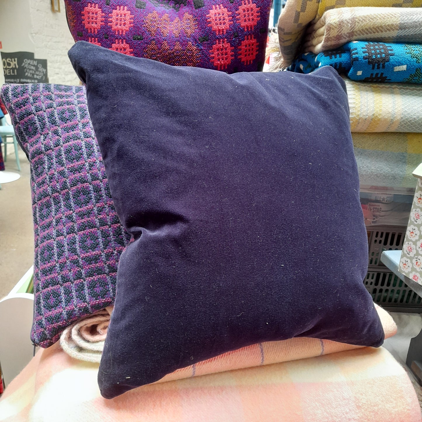 PAIR Handmade Cushions Made From Vintage Welsh Tapestry Fabric in Navy Blue, Black, Pink & Purple 18"
