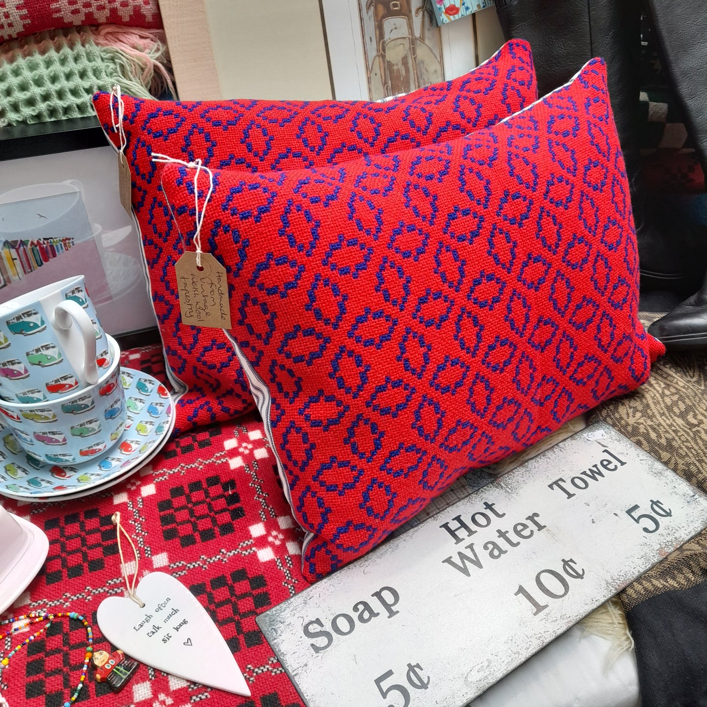 Pair of Cushions in Red & Navy Blue Handmade from Vintage Welsh Tapestry 14" x 18"