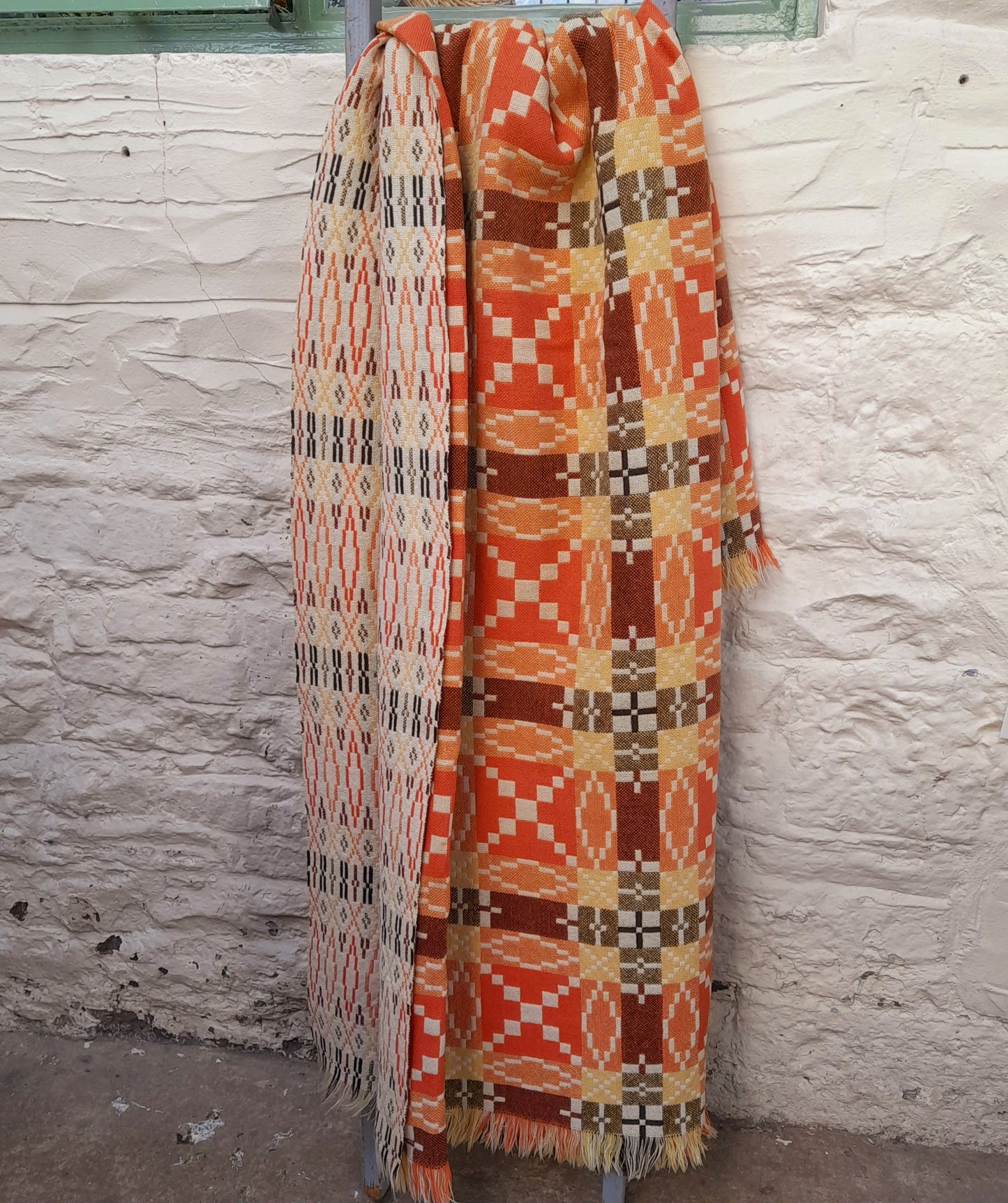 Vintage Welsh Tapestry Blanket in Orange Yellow Brown & Cream Autumn Colours