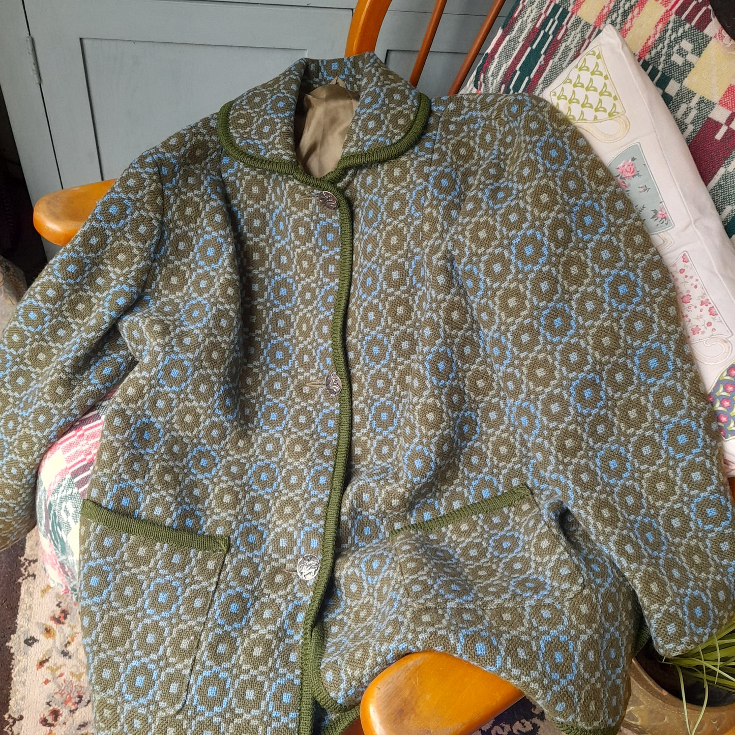 Vintage Welsh Tapestry Coat in Teal Green Size Large 18 to 22