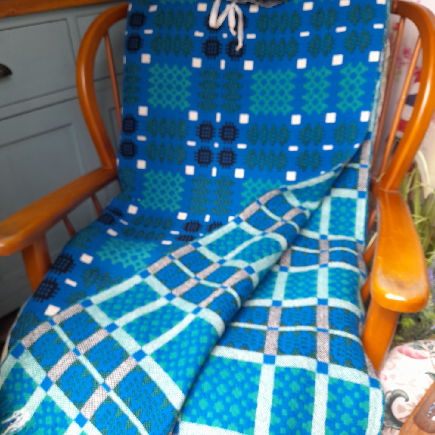 Vintage Welsh Tapestry Blanket in Cobalt Blue Green White & Black