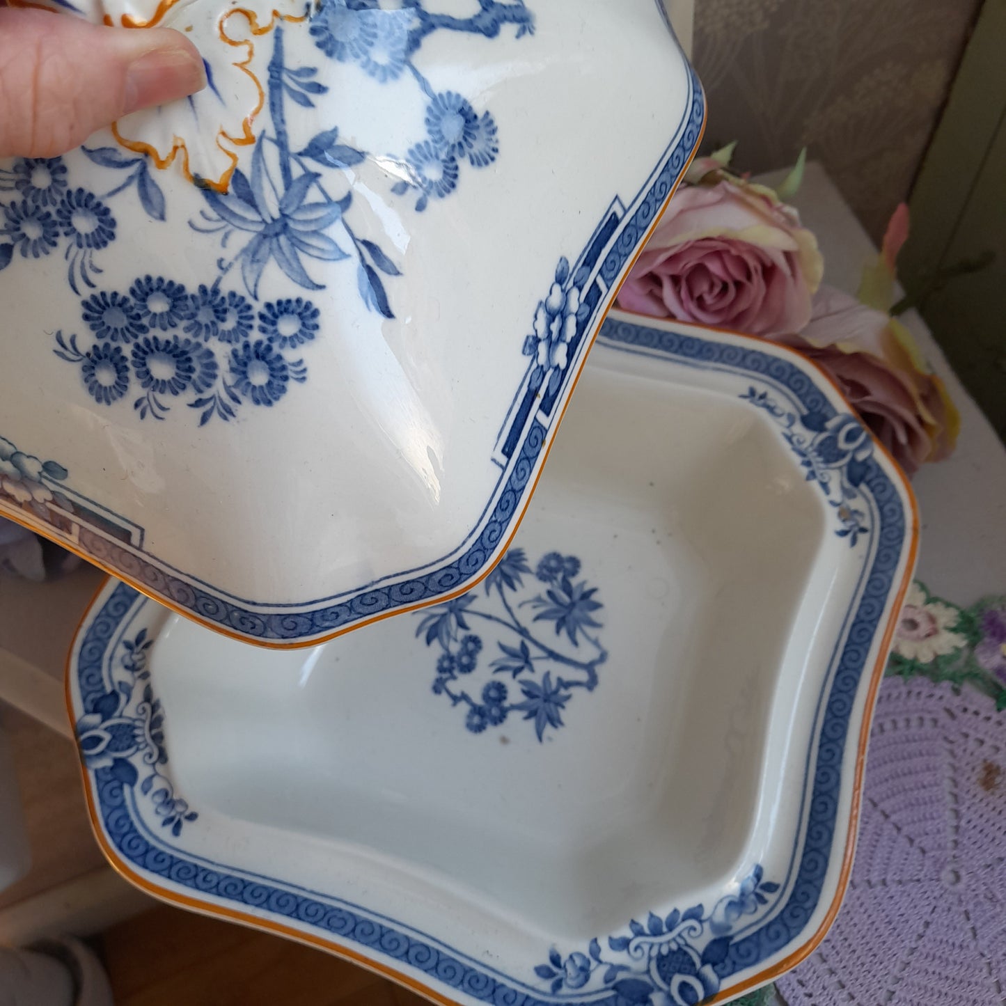 Art Deco Blue & White Square Vegetable Serving Dish with Lid in Woods Ware 'Kenya' Design