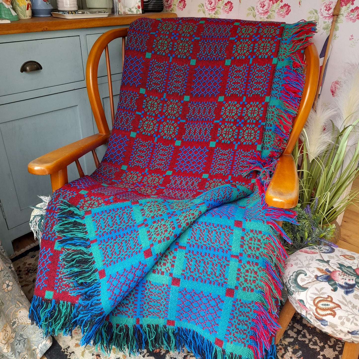 Welsh Tapestry Blanket in Reds Blues & Greens by Melin Tregwynt