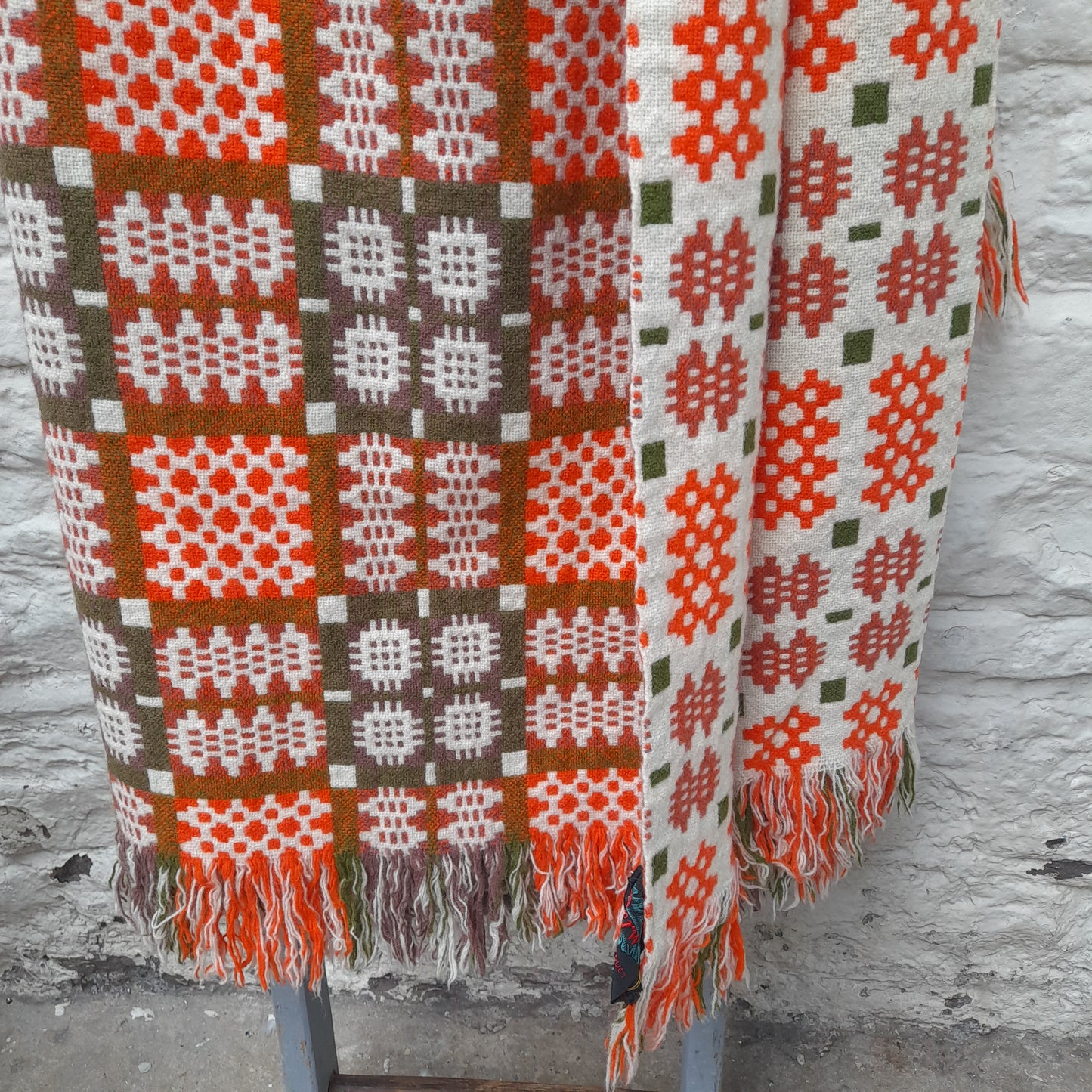 Vintage Welsh Tapestry Blanket in Cream Orange & Olive Green by Derw Mill