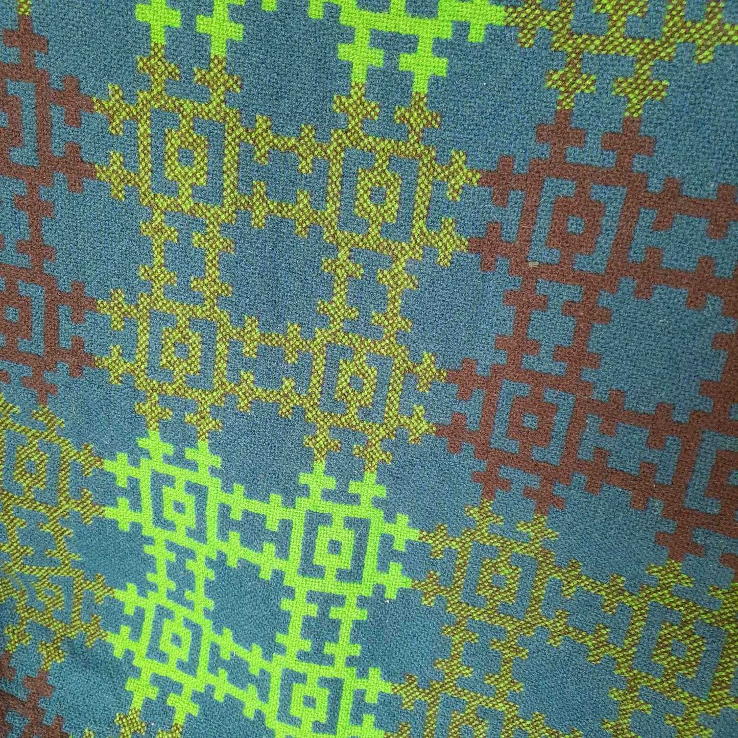 Rare Vintage Welsh Tapestry Blanket in Teal & Lime Green by Arthur Morus at Dolwerdd Mill