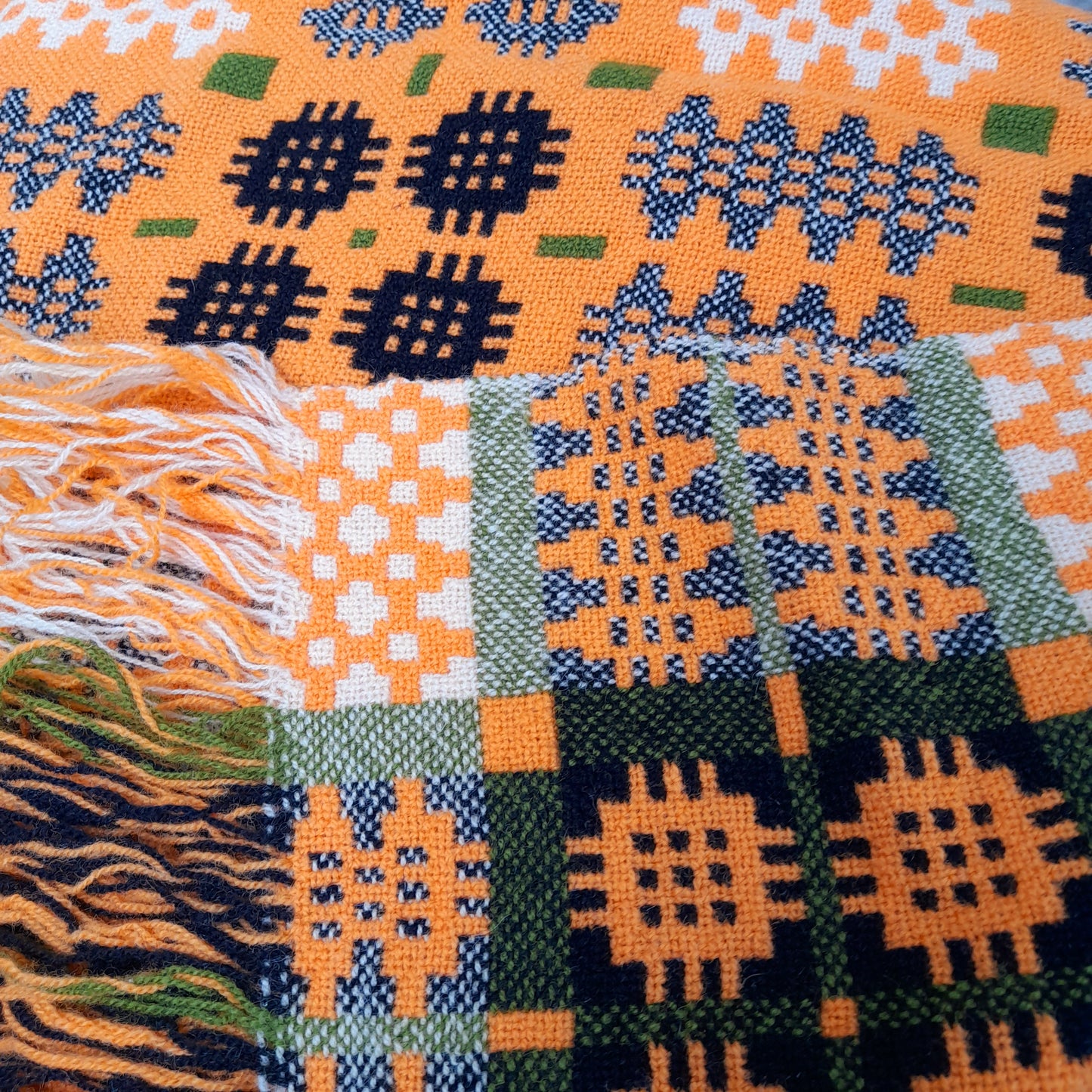 Vintage Welsh Tapestry Blanket in Tangerine Orange Olive Green Black & White