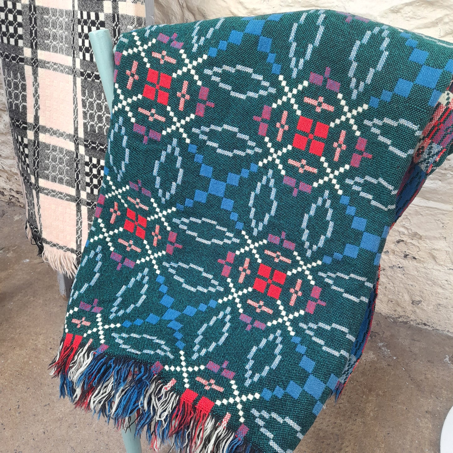 Vintage Welsh Tapestry Blanket in Teal Green, Blue & White With A Pop of Red