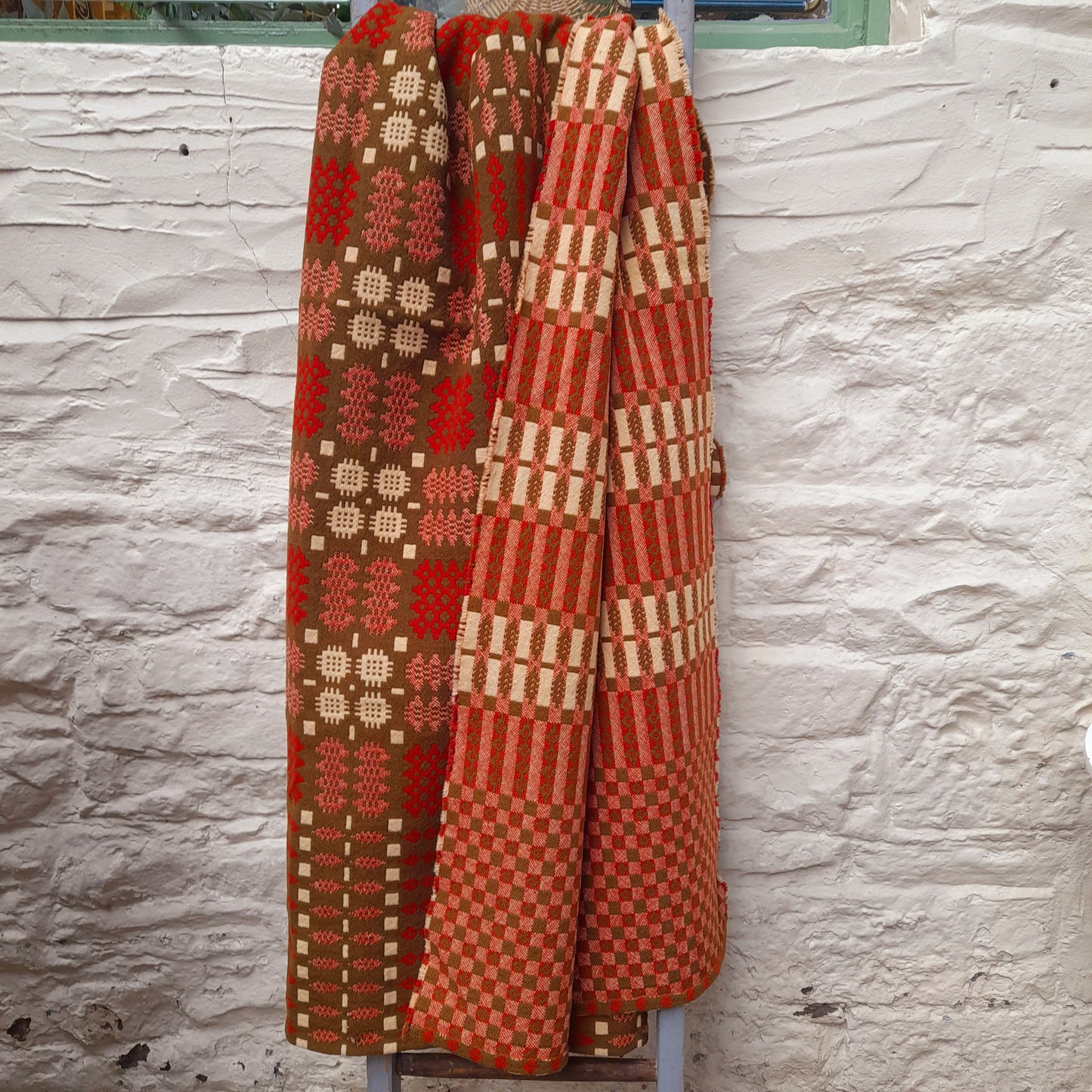 Antique Handmade Welsh Tapestry Blanket in Chocolate Brown Deep Red & Cream