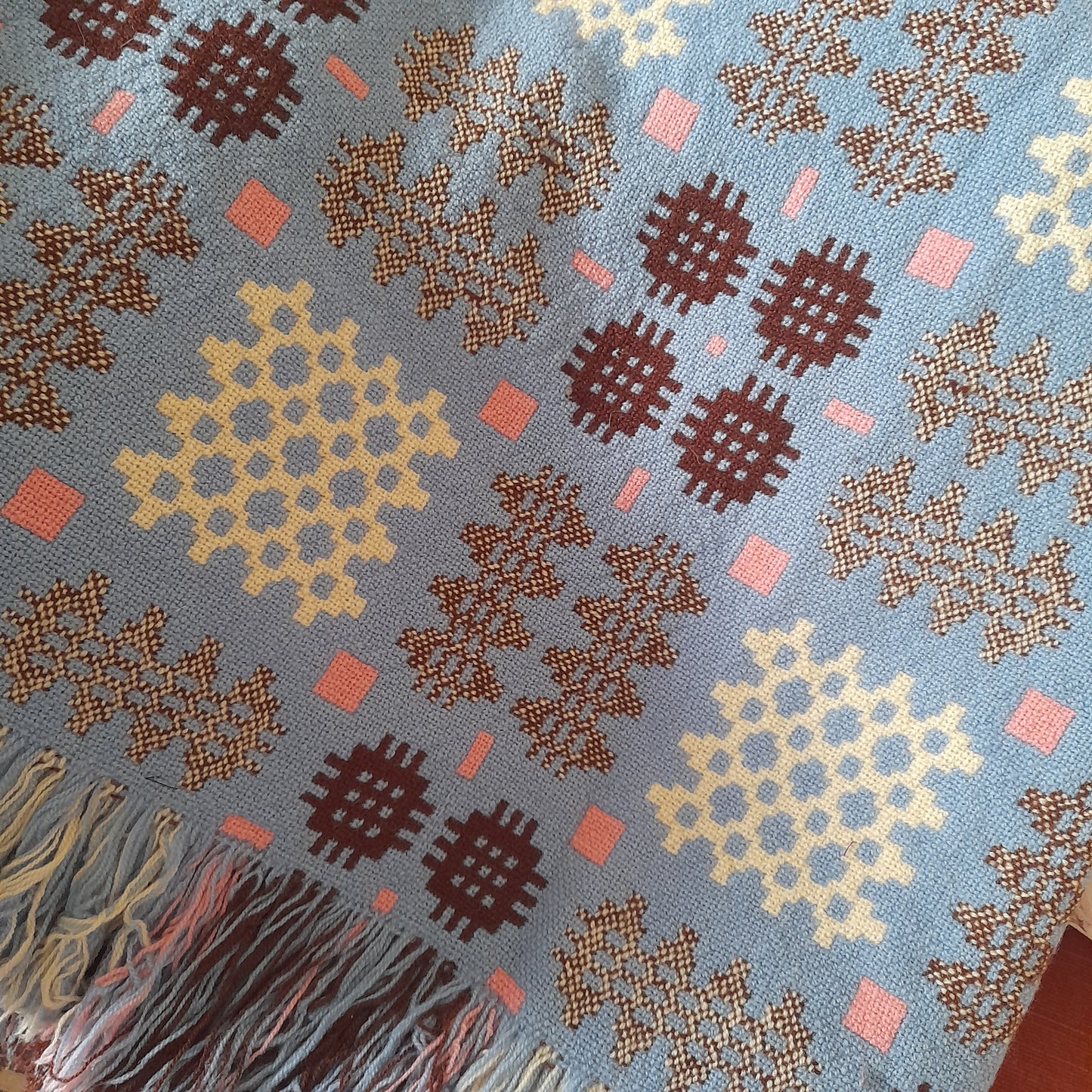 Welsh Tapestry Blanket in Pale Blue White Browny Burgundy & Pink King Size