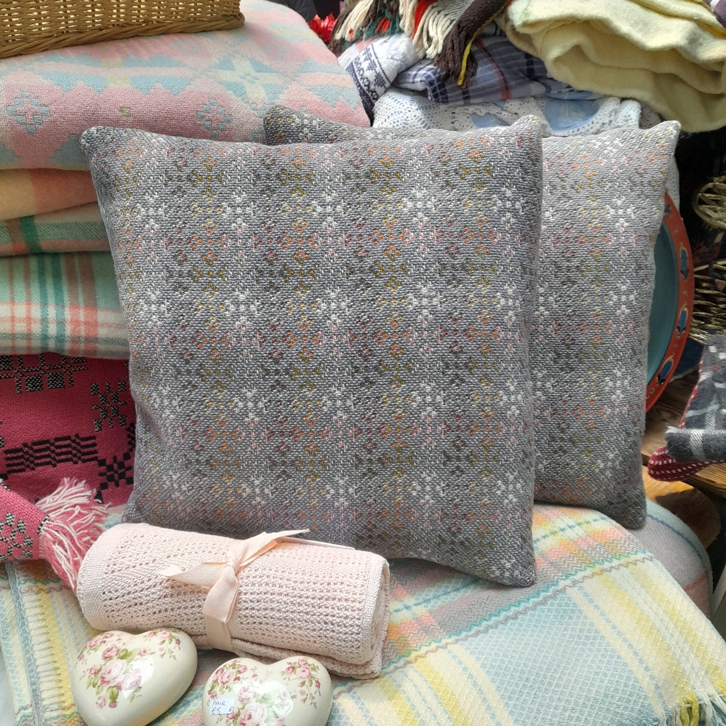 PAIR Handmade Cushion Made From Vintage Welsh Wool Tapestry in Grey 18"