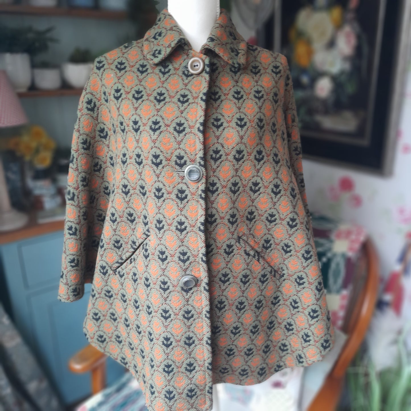 Vintage Welsh Tapestry Cape in Olive Green Black & Orange Tulip Design by Brynkir Mill