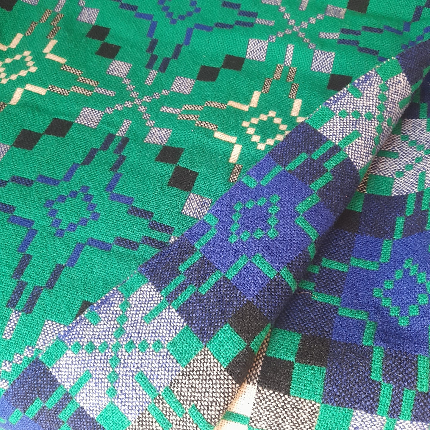 Vintage Welsh Tapestry Blanket in Bright Jade Green Navy Blue Black & White by Melin Tregwynt