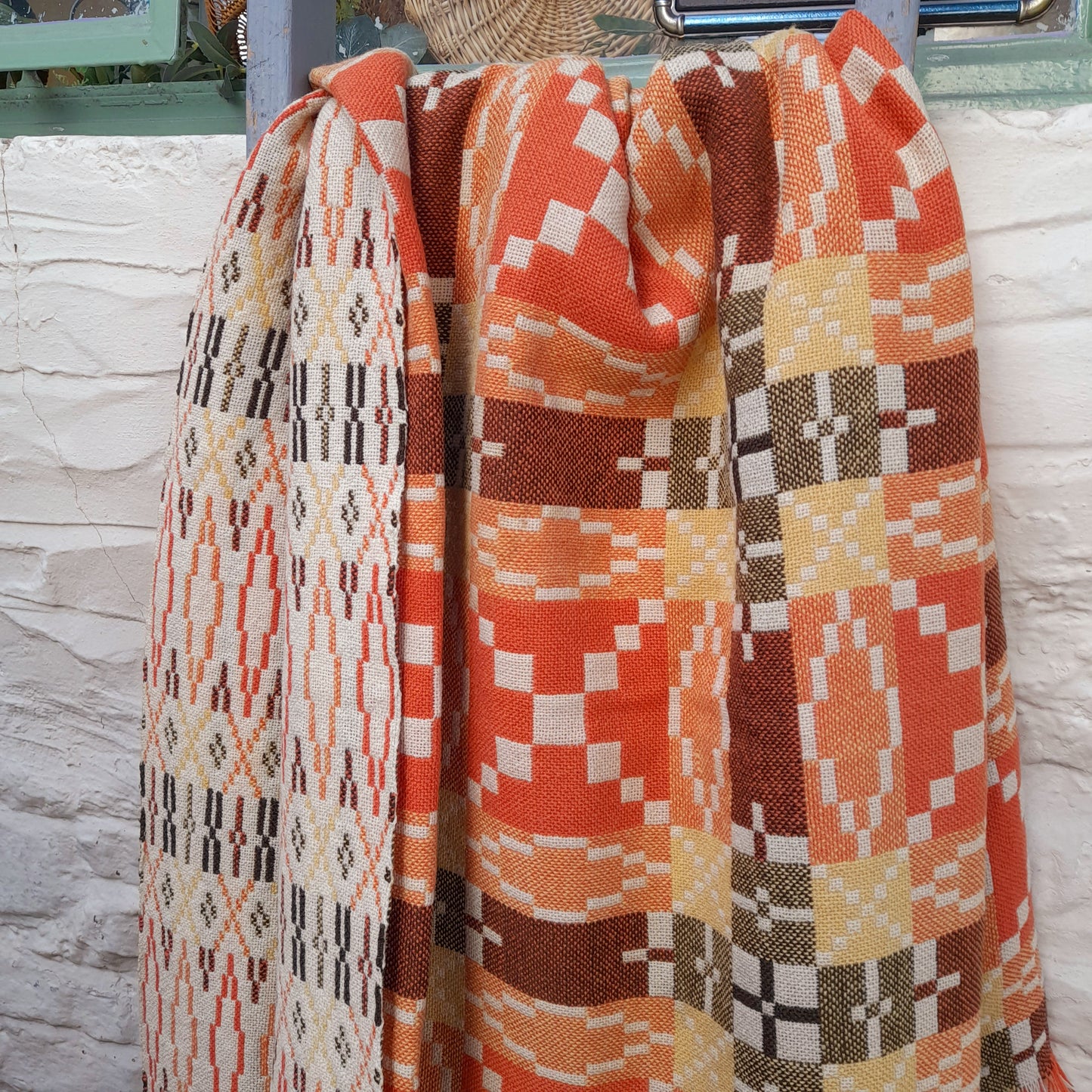 Vintage Welsh Tapestry Blanket in Orange Yellow Brown & Cream Autumn Colours