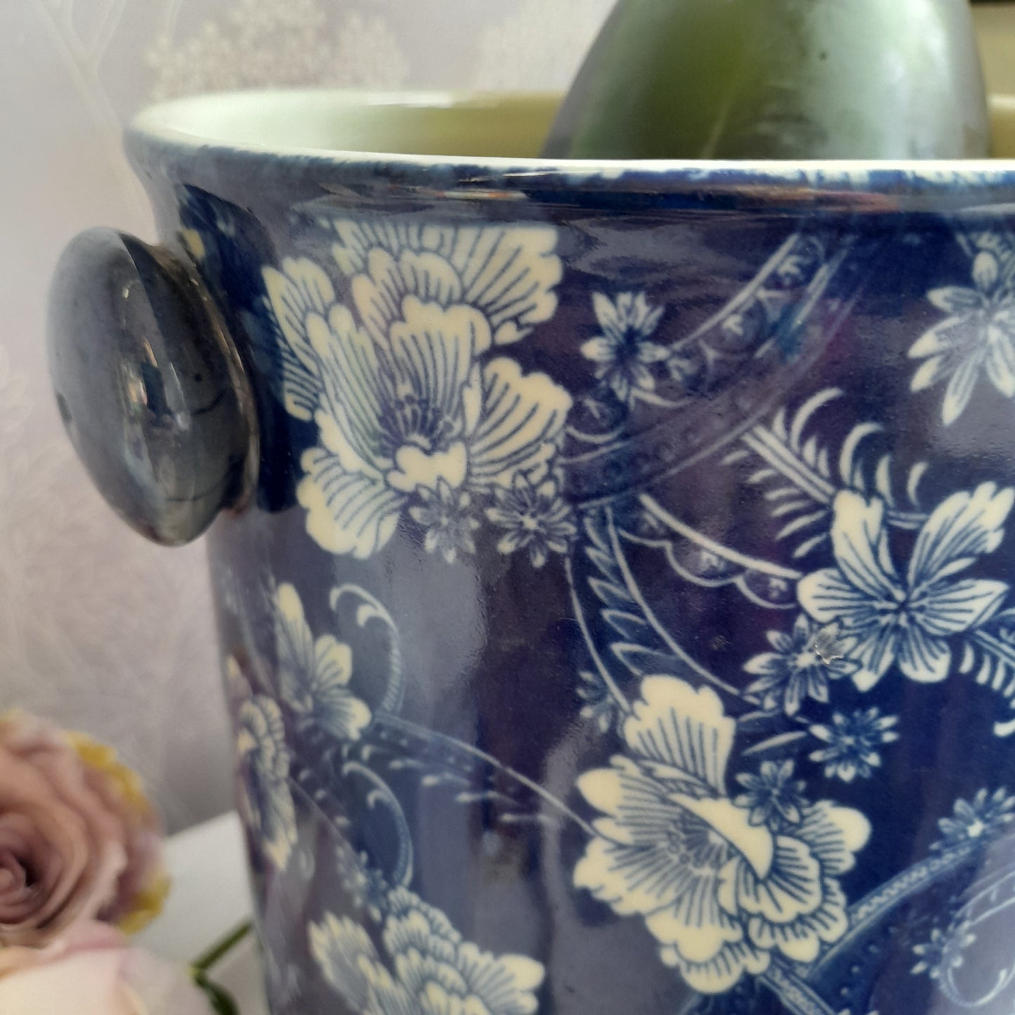 Vintage Blue & White Floral Ceramic Wine Cooler Champagne Bucket