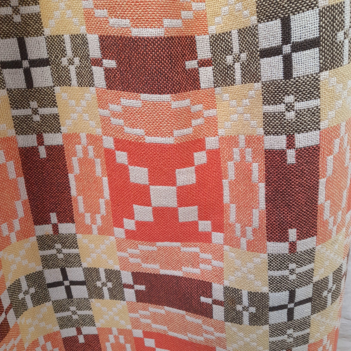 Vintage Welsh Tapestry Blanket in Orange Yellow Brown & Cream Autumn Colours