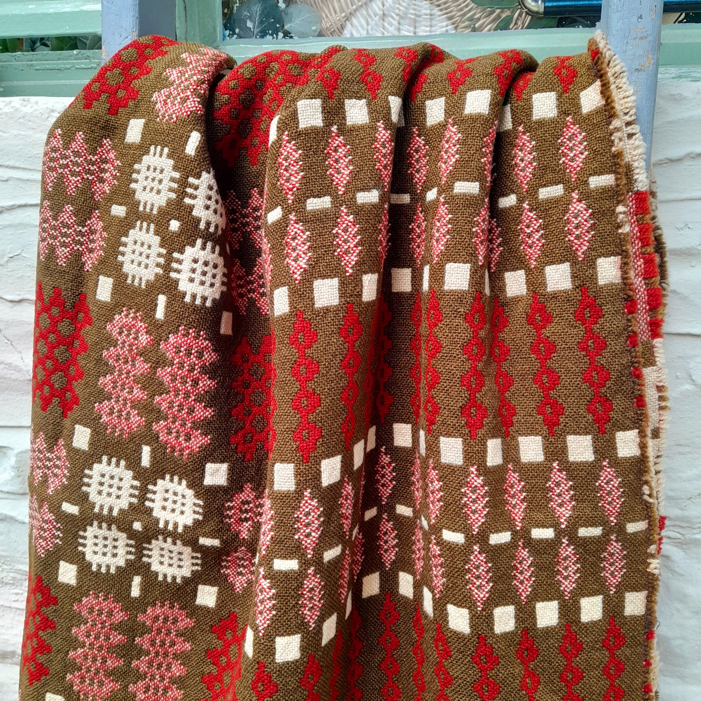 Antique Handmade Welsh Tapestry Blanket in Chocolate Brown Deep Red & Cream