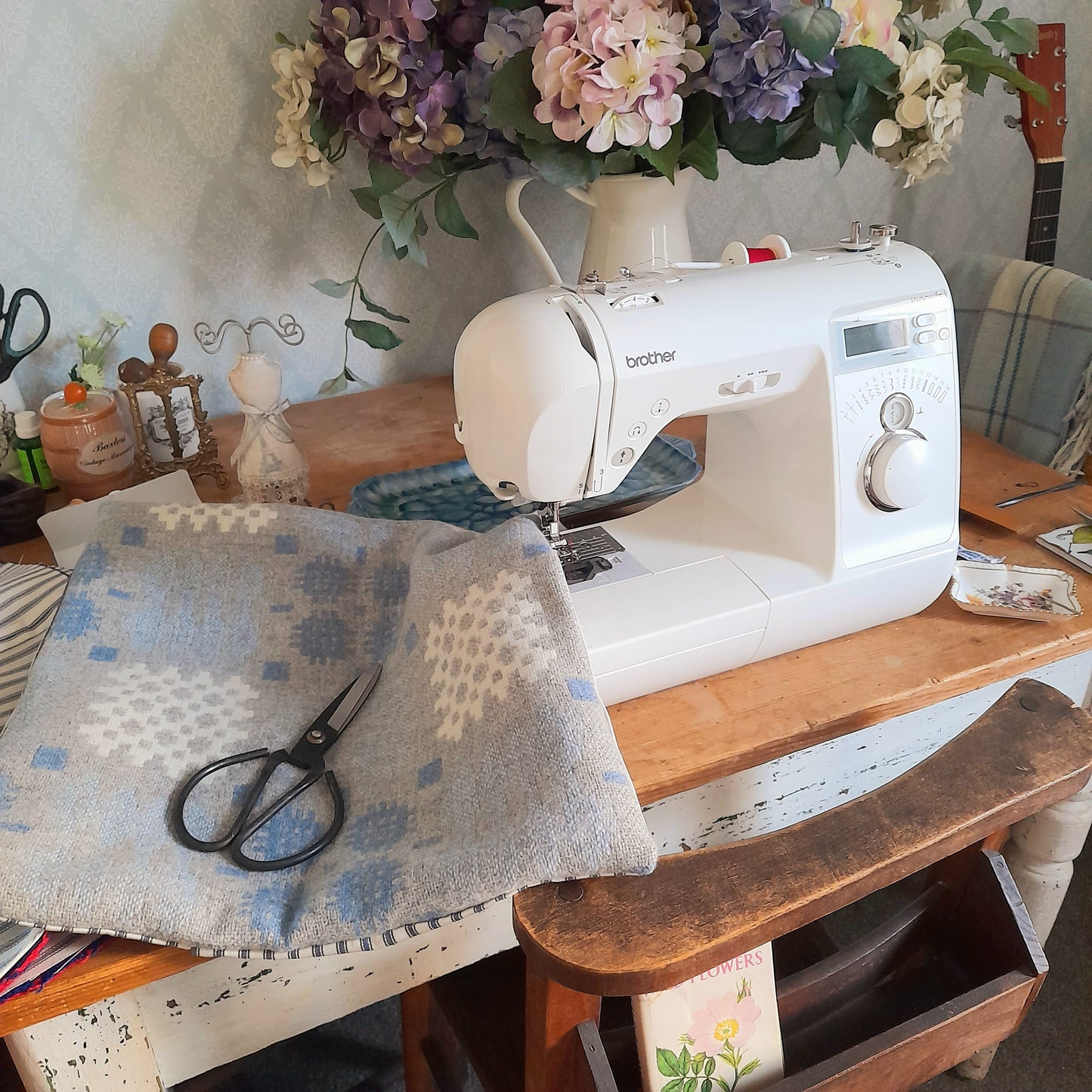 Pair of Welsh Tapestry Blanket Cushions in Pale Blue Grey & White Limited Edition 20"
